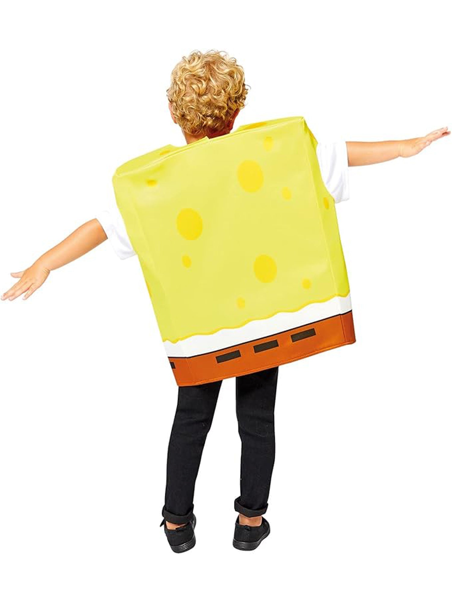 The back of the children's SpongeBob SquarePants costume showing the yellow sponge texture and brown shorts detail.