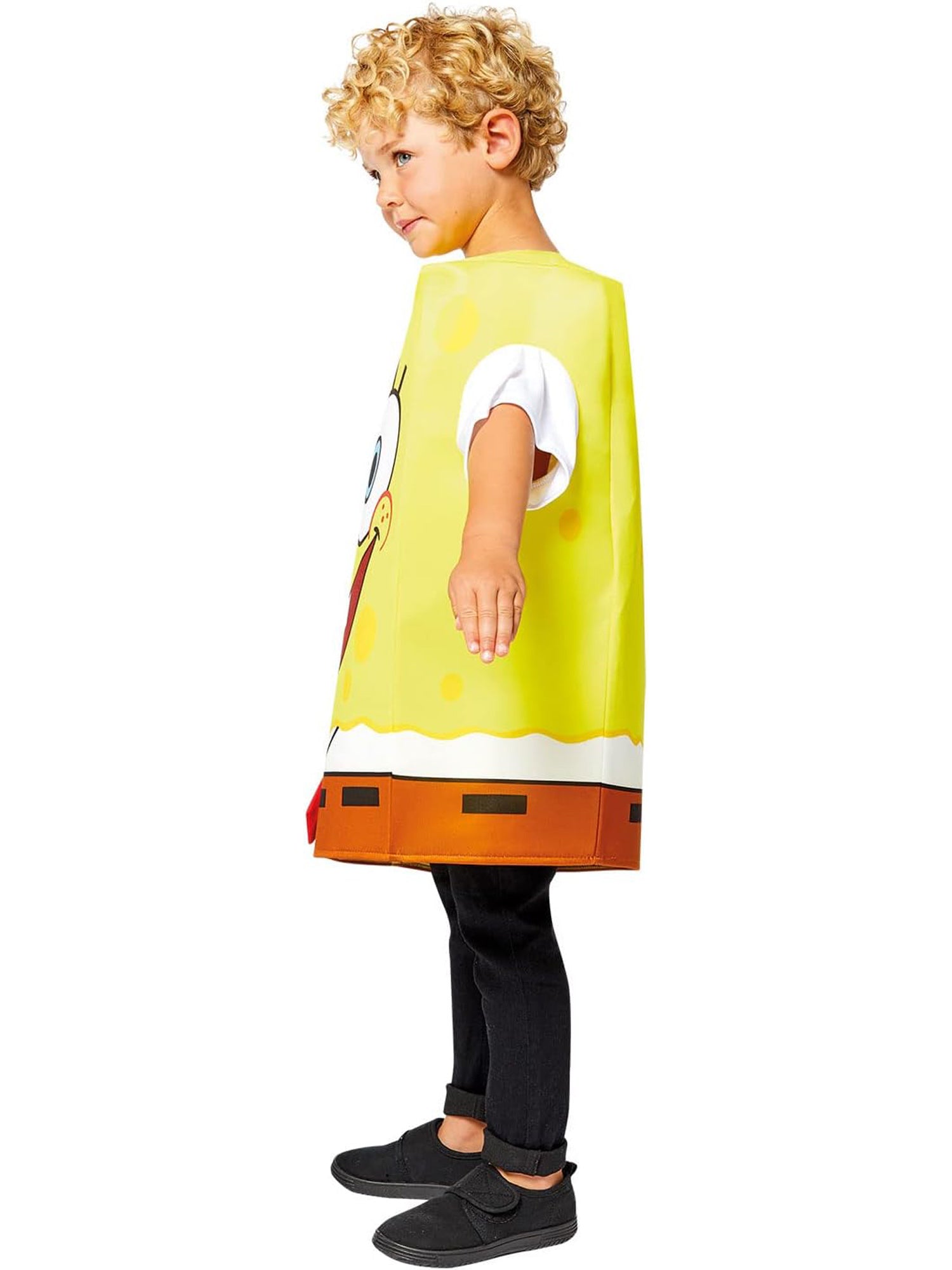 Profile shot of the SpongeBob SquarePants child costume highlighting the comfortable tabard fit and white sleeves.