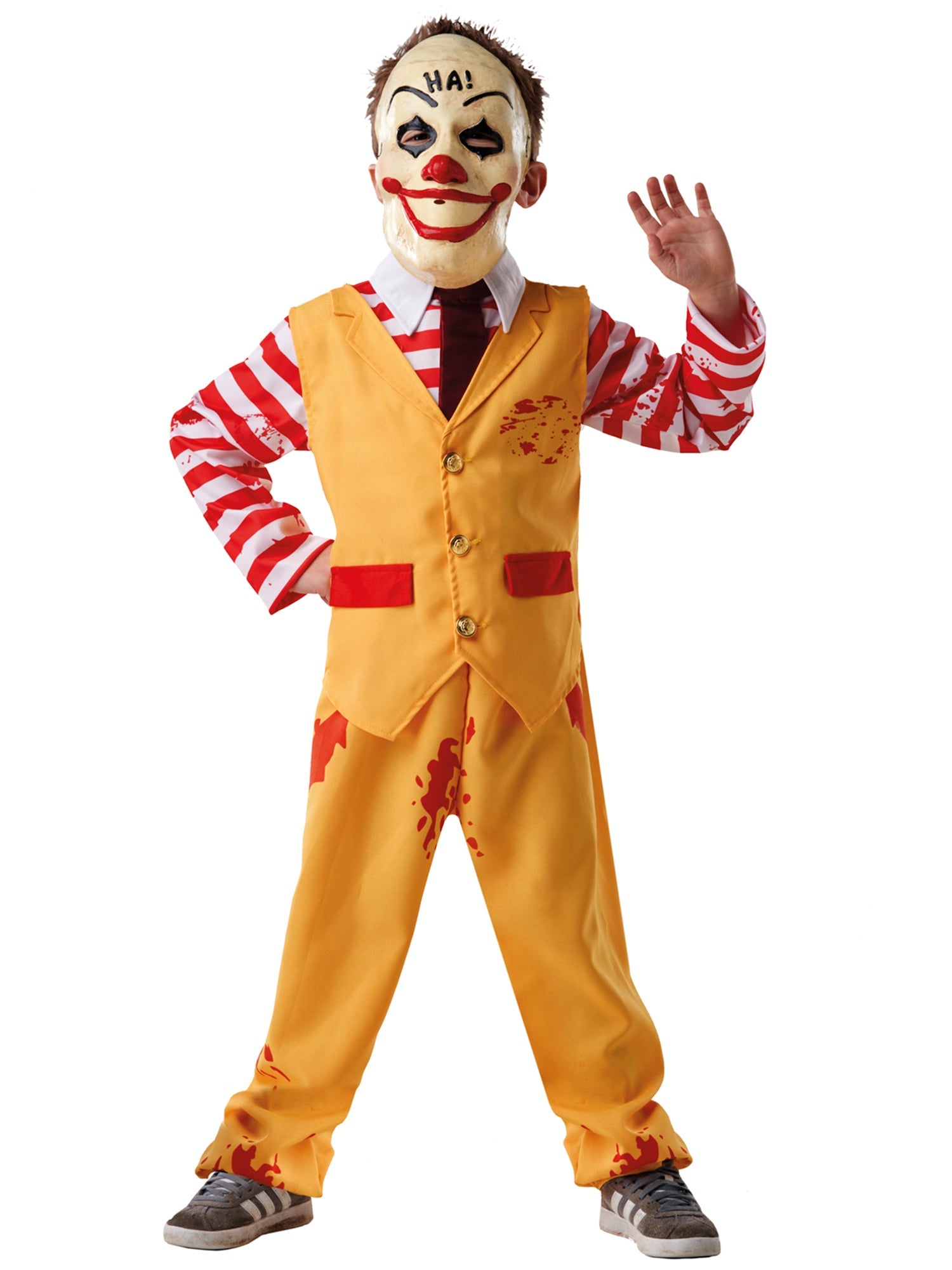 Front view of Boys Dapper Clown Halloween Costume with mask, striped shirt, yellow waistcoat and trousers
