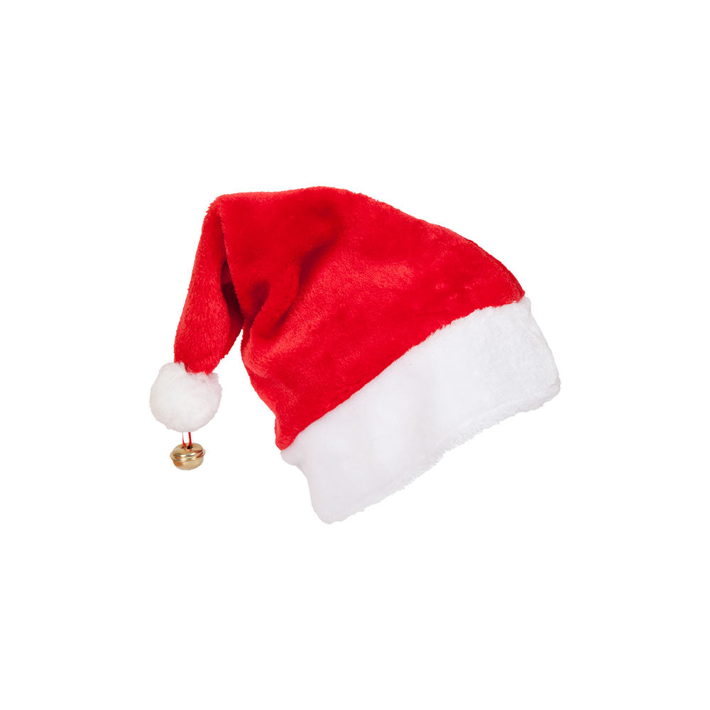 A classic red and white deluxe Santa hat with a jingle bell attached to the white pom-pom.