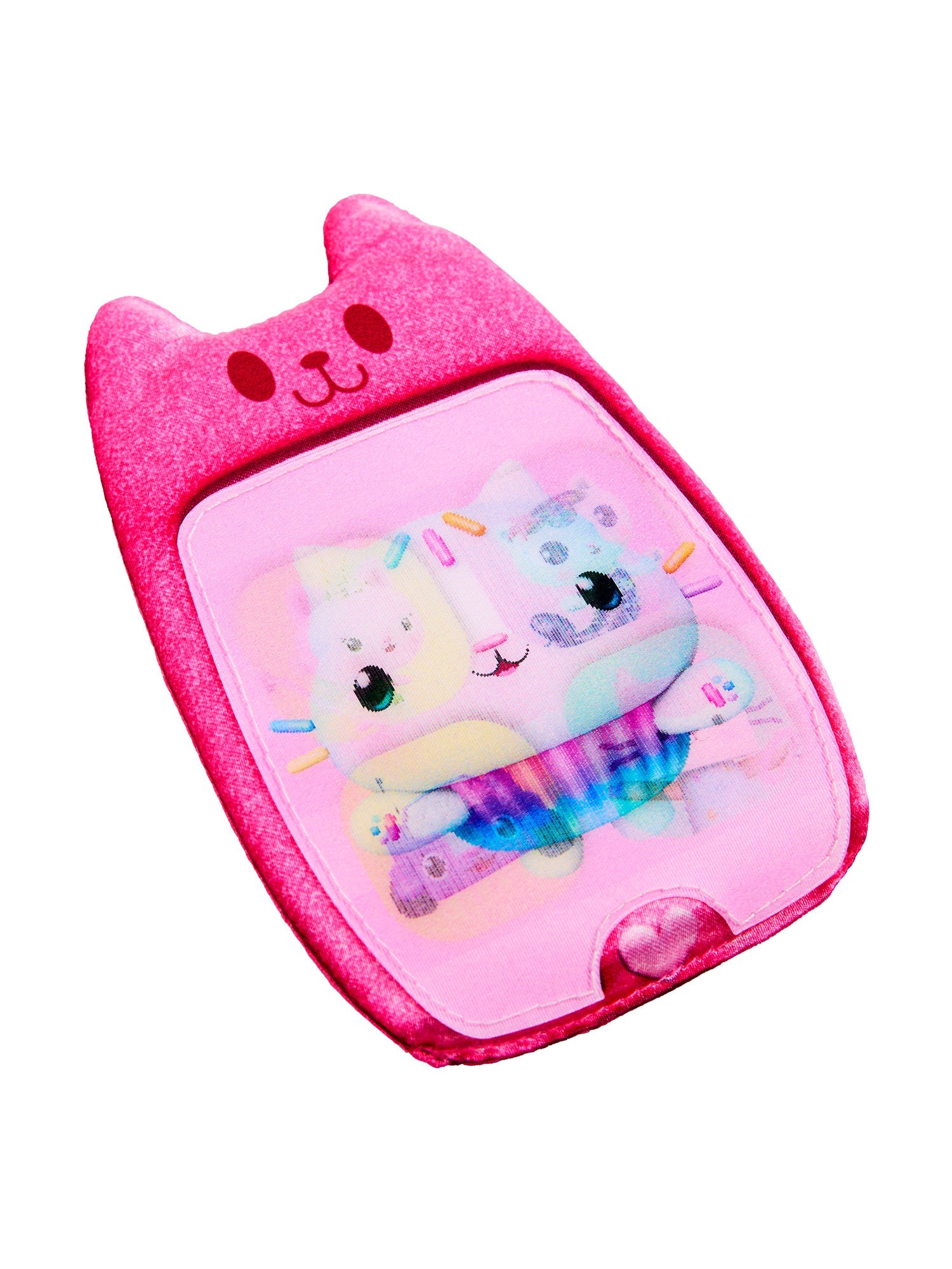 A close-up of the pink plush Gabby's Dollhouse toy phone, featuring a lenticular screen showing Cakey Cat.