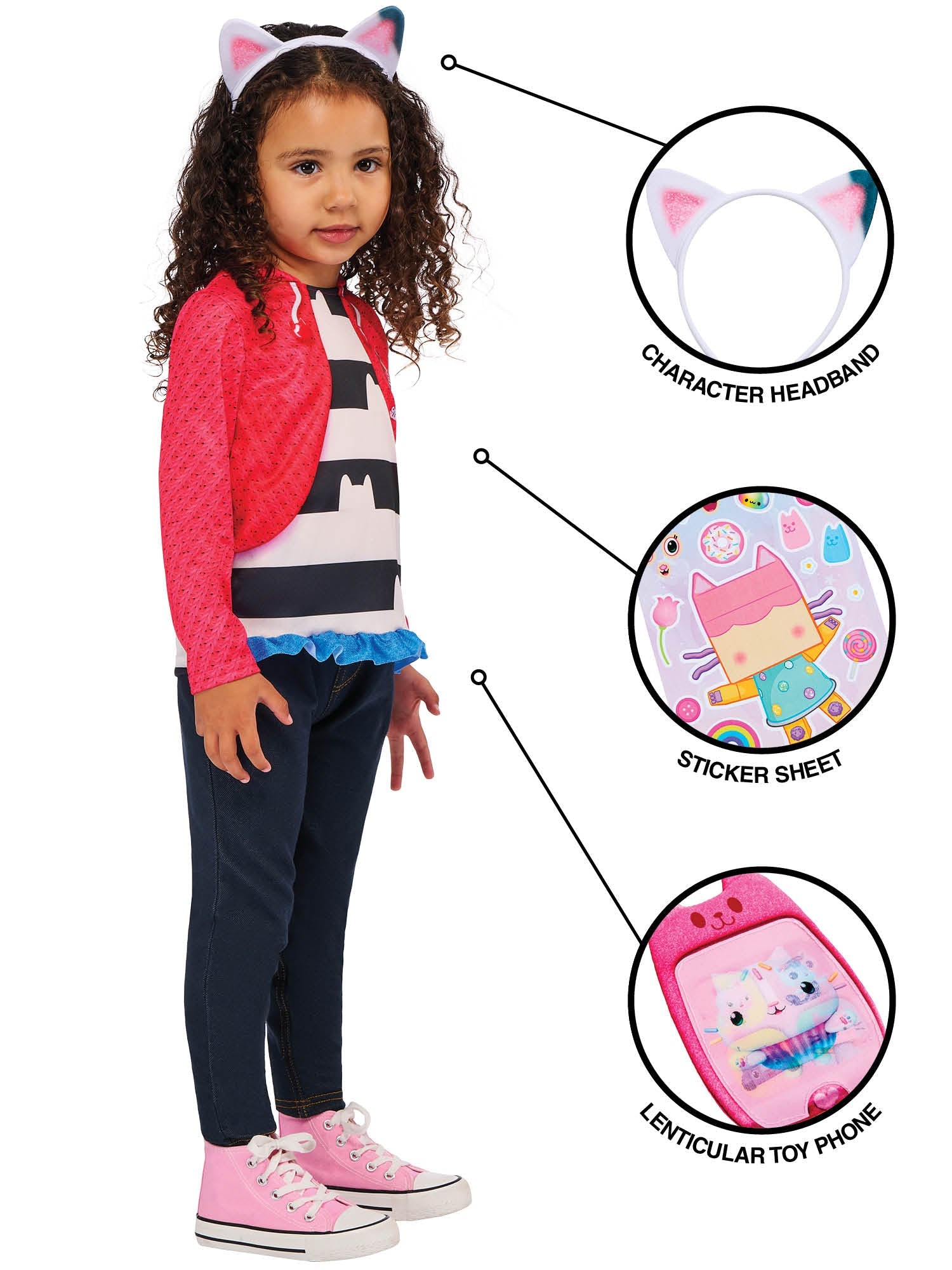 A child modelling the Gabby's Dollhouse costume with graphic callout circles highlighting the included character headband, sticker sheet, and pink lenticular toy phone.