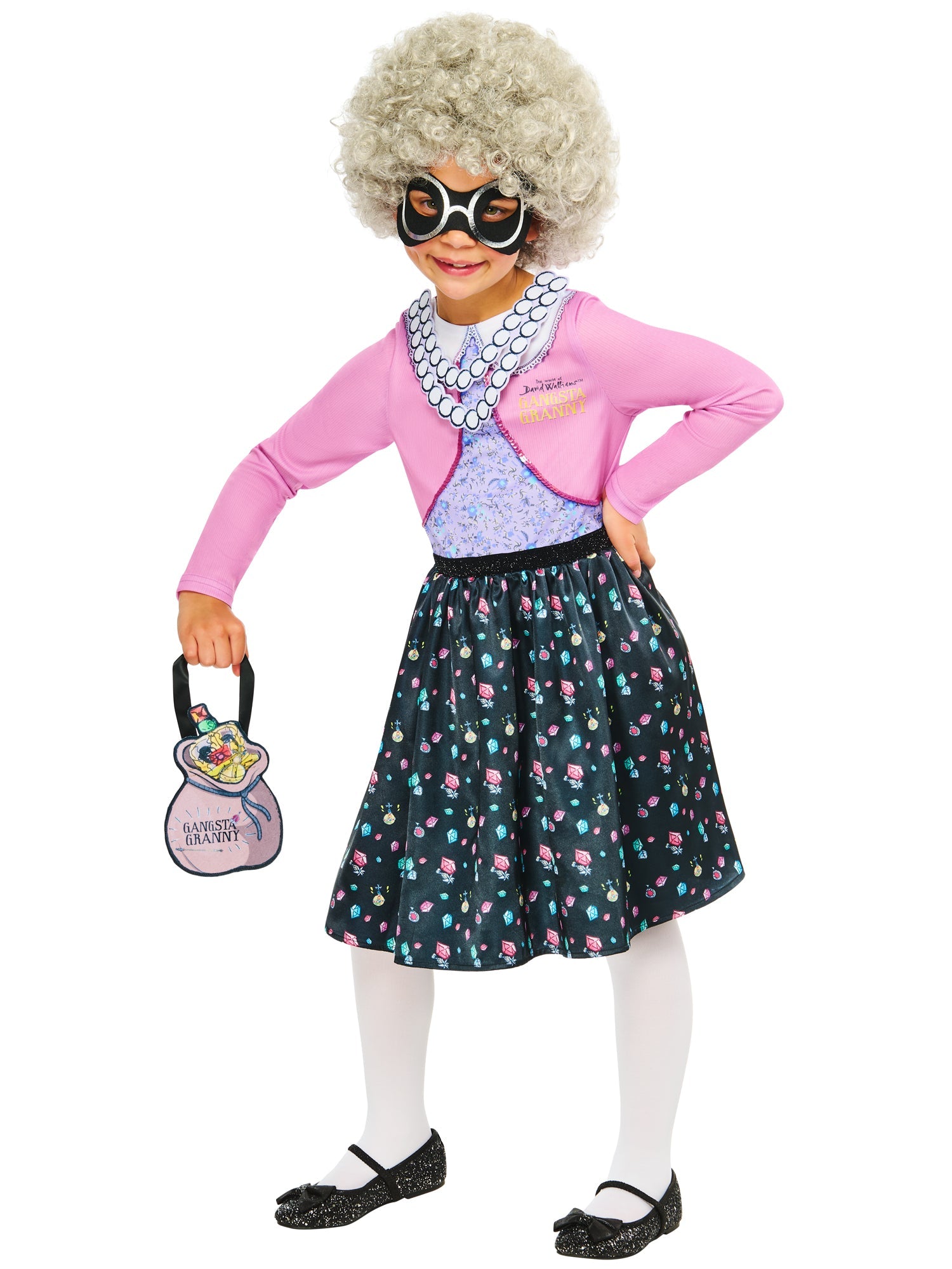 Child wearing the official David Walliams Gangsta Granny costume with pink cardigan, jewel-print skirt, and grey wig.