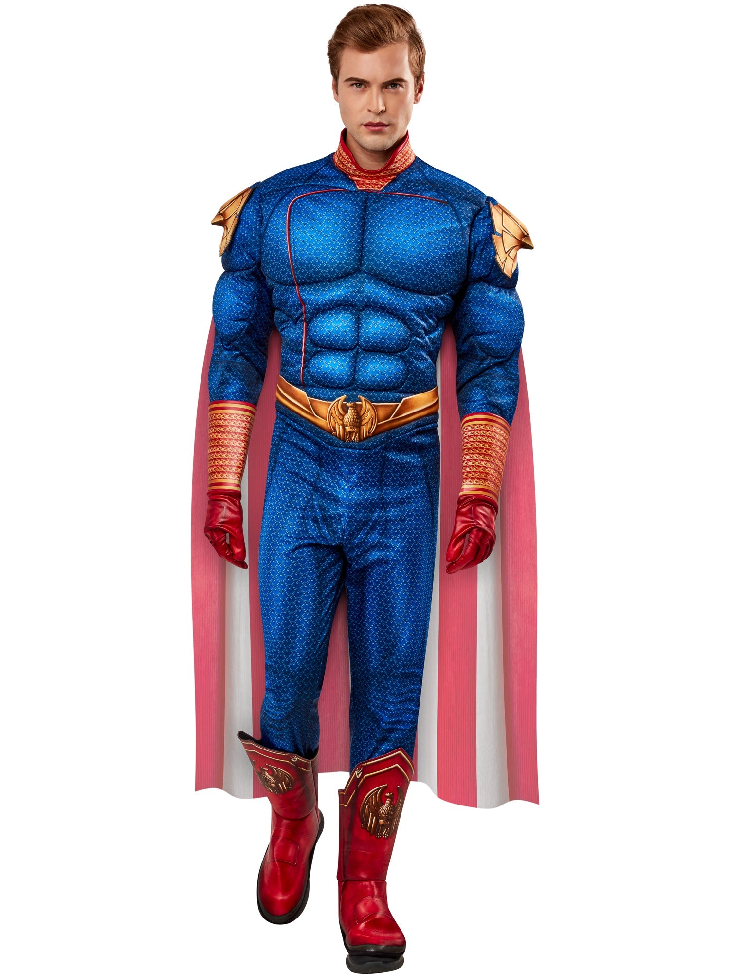 A person in a deluxe Homelander costume, consisting of a blue and red padded bodysuit with gold accents, red boots, and a flowing American flag-themed cape, posing on a white background.