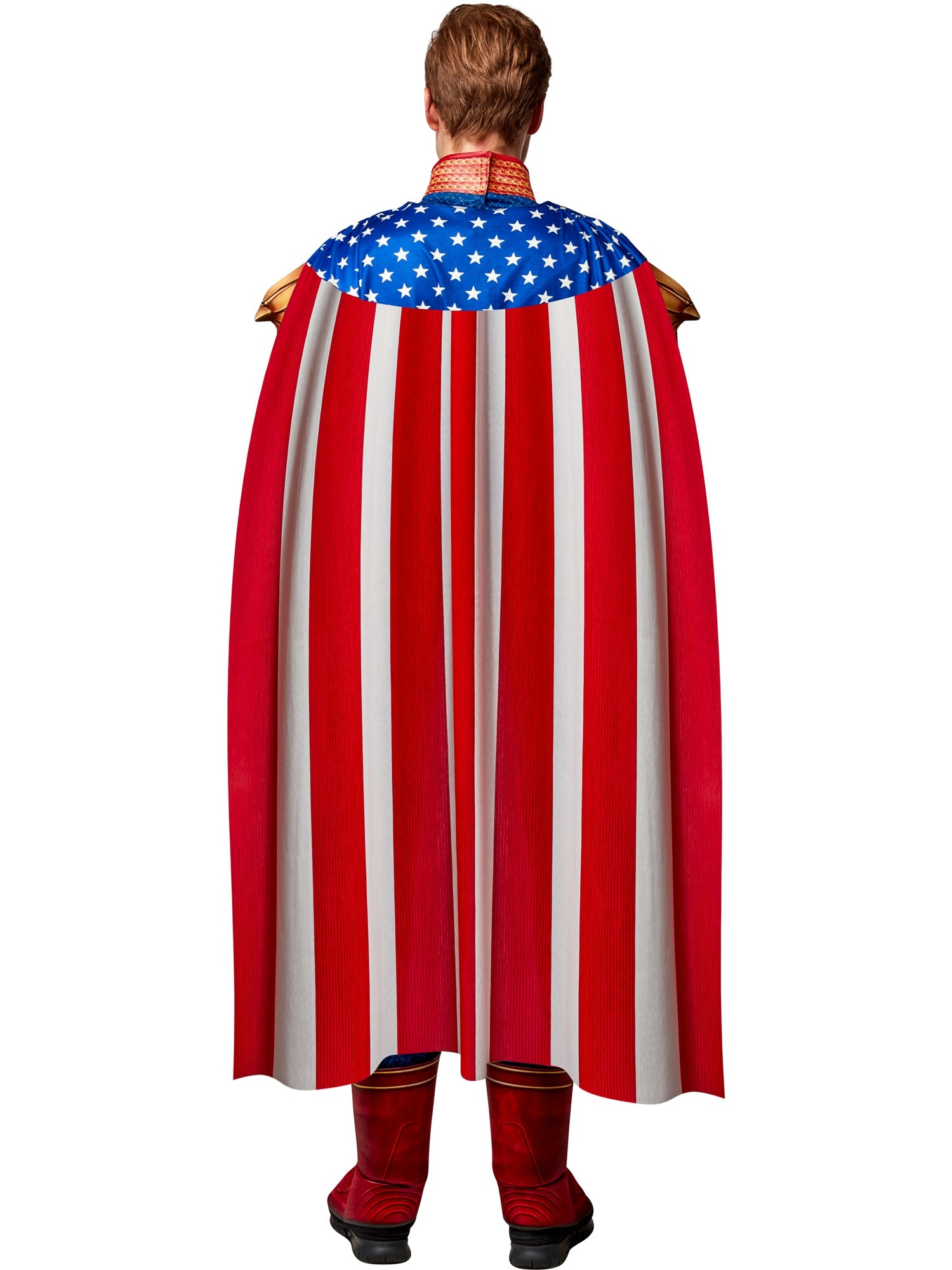 A back view of a person in a Homelander costume, showing the American flag-themed cape with red and white stripes and a blue section with white stars.