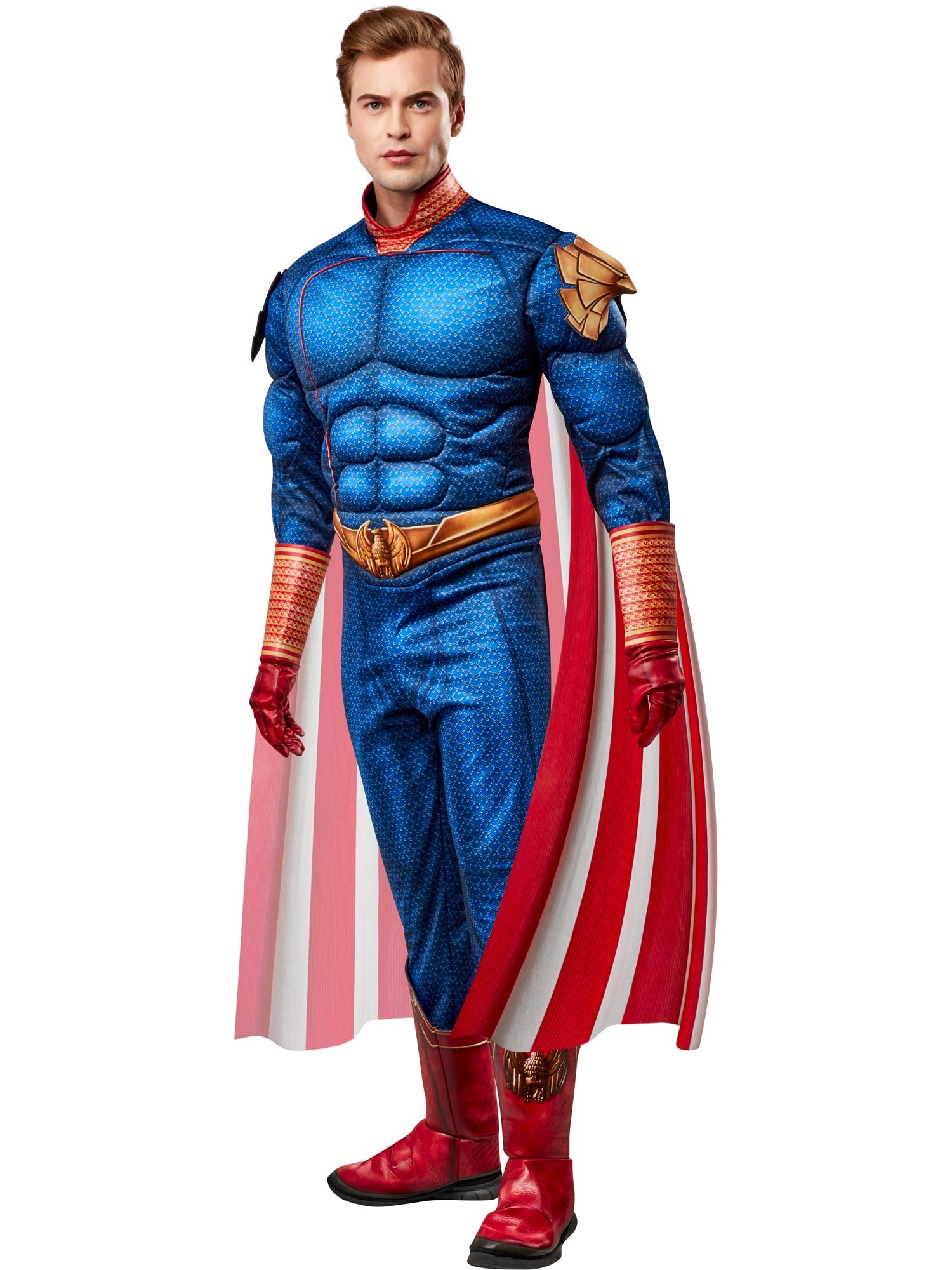 A person in a Homelander costume, striking a pose with their arms slightly out, showing the blue and red bodysuit with gold accents and a flowing American flag-themed cape.
