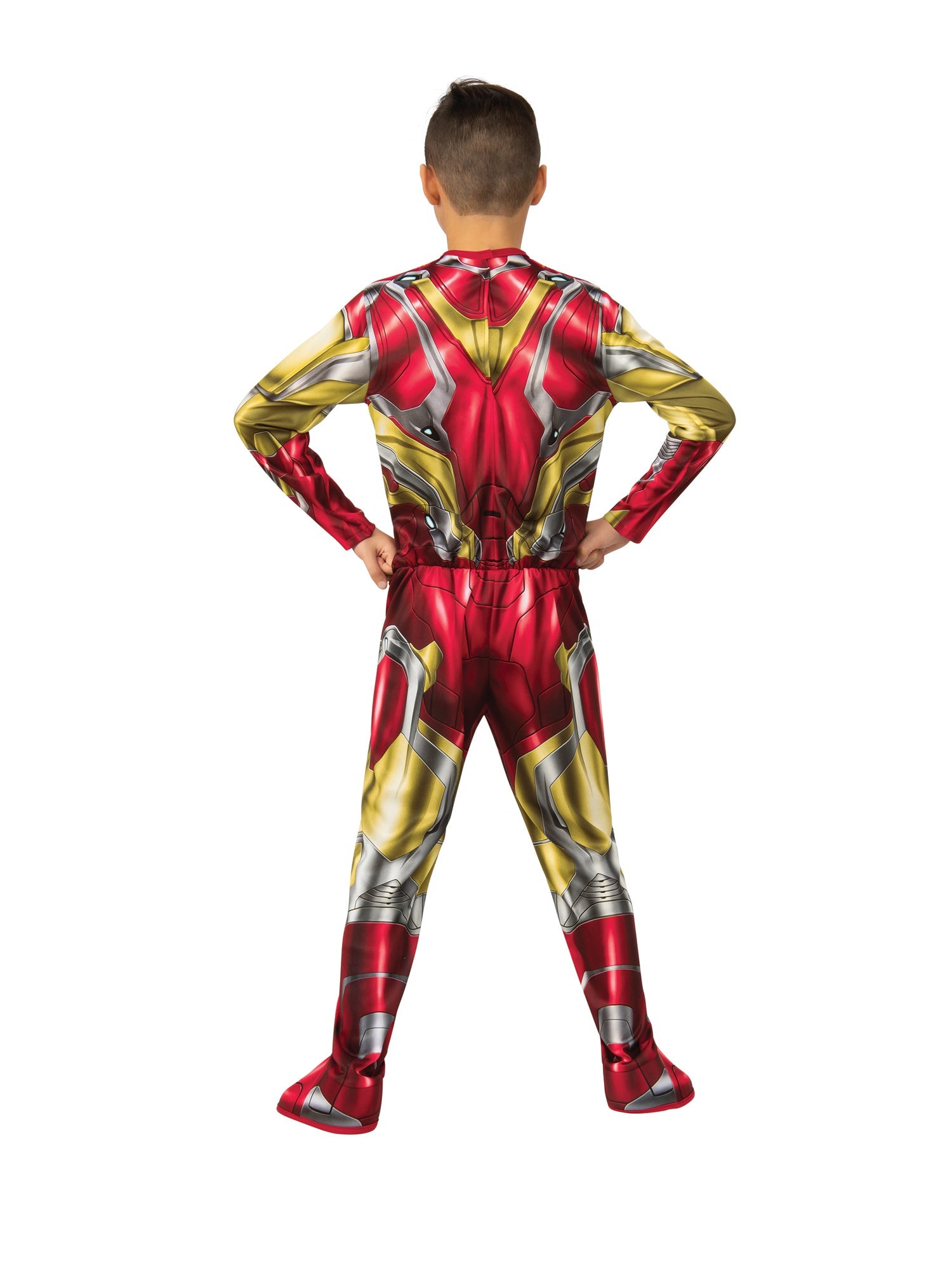 The back view of the kids' Iron Man costume, showing the detailed metallic armour print on the back of the jumpsuit.