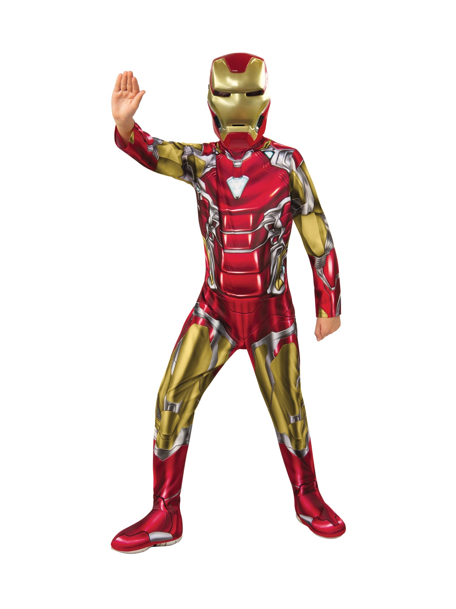 A child in a full Iron Man costume, including a printed jumpsuit and mask, posing with one hand up as if ready to fire a repulsor blast.