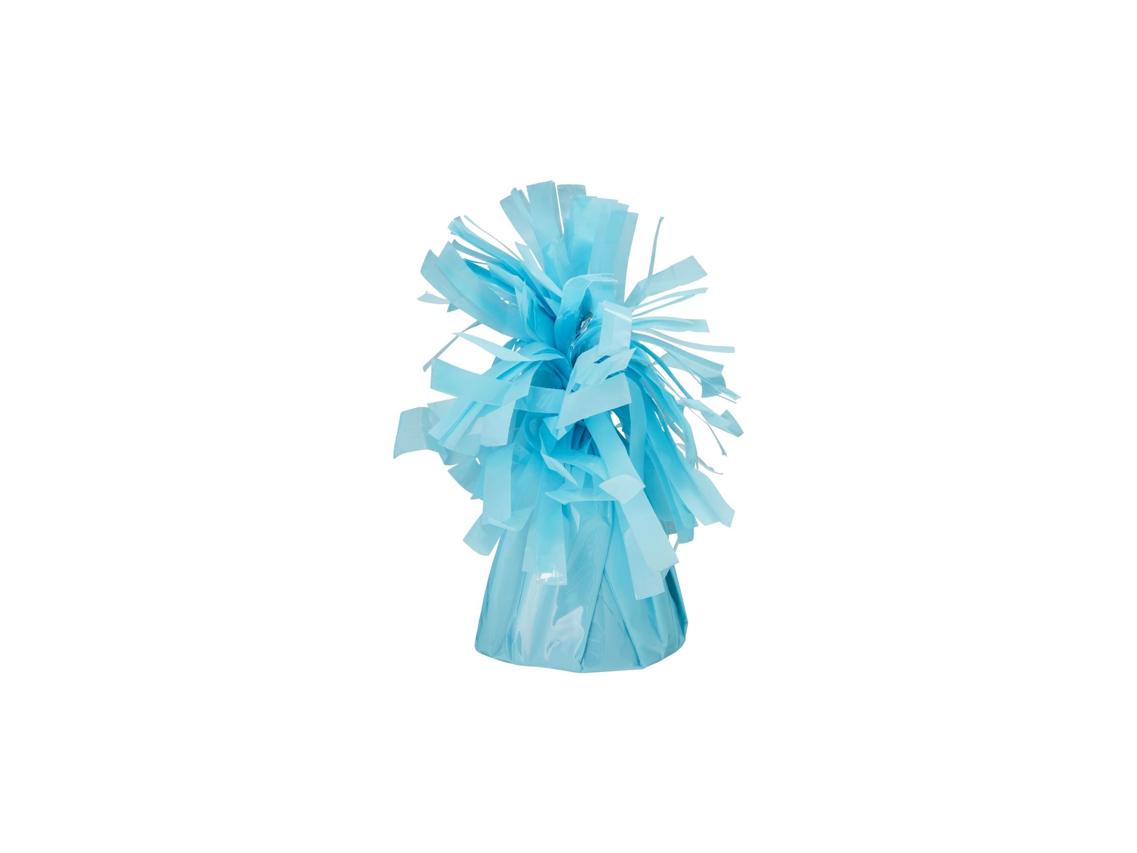 A light blue balloon weight made of pleated foil with a tasseled top, isolated on a white background.