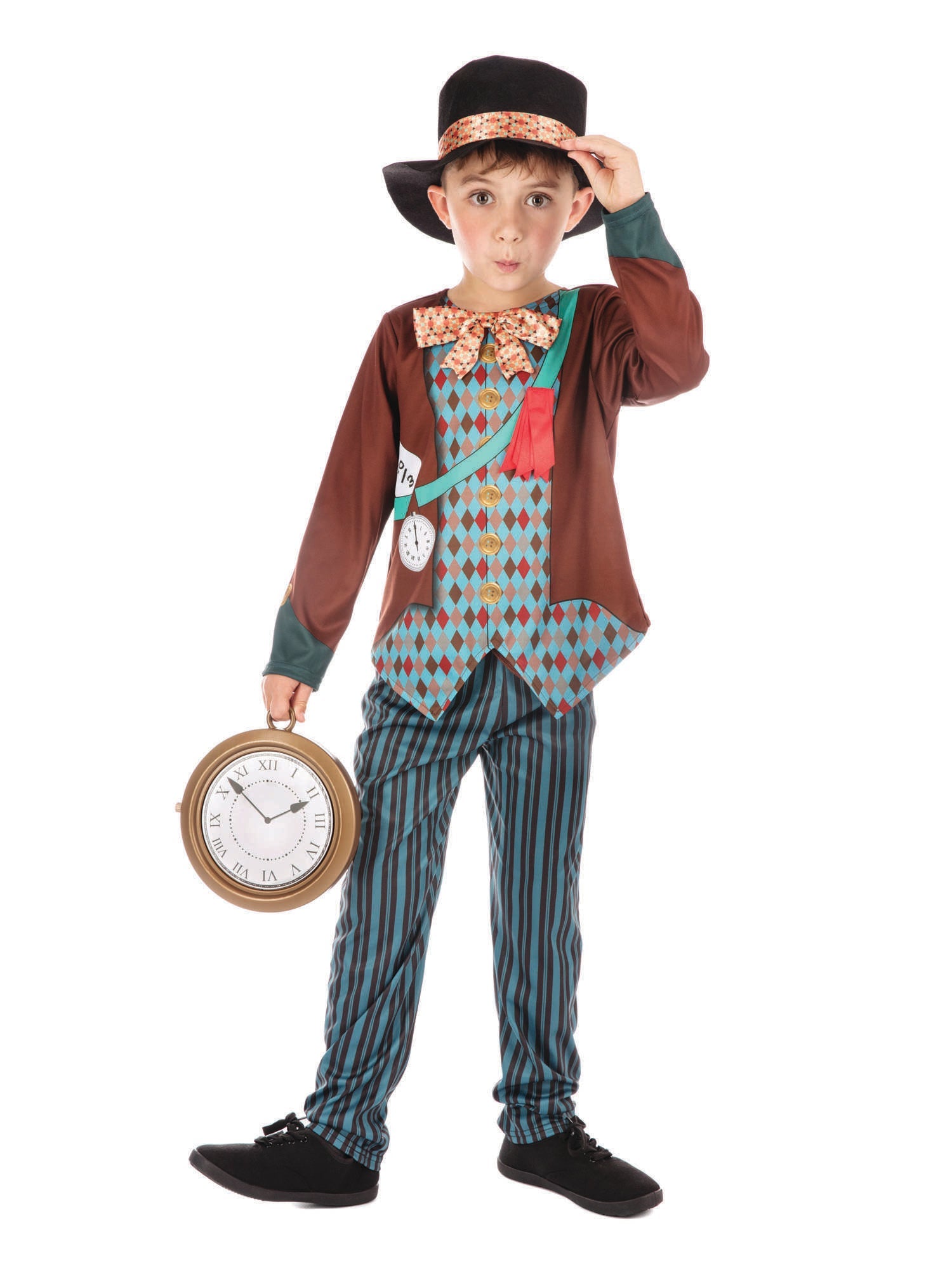 A child in a Mad Hatter costume, holding a large toy clock and tipping a black top hat with a patterned band, posing on a white background.