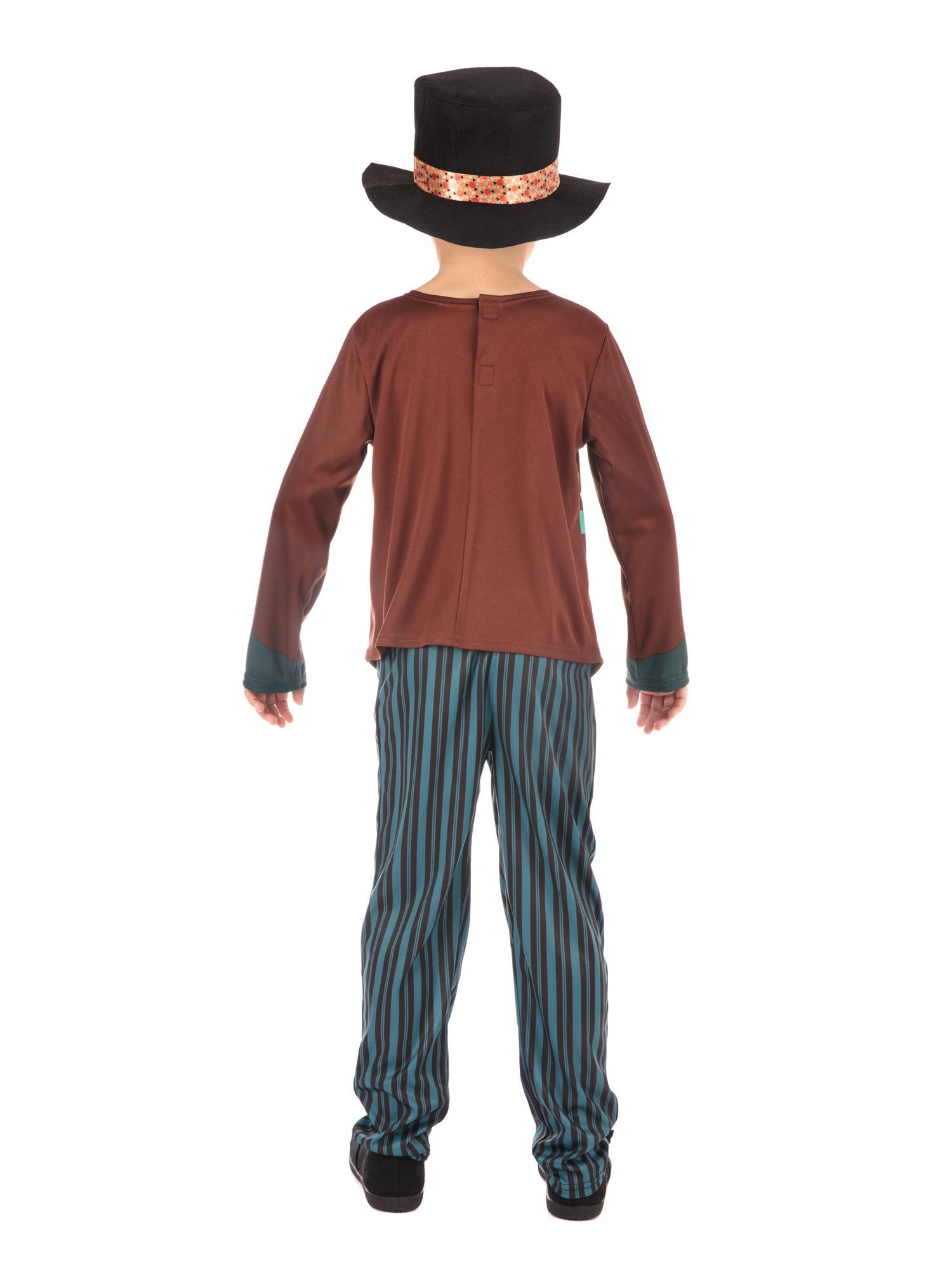 The back view of a child in a Mad Hatter costume, showing the brown top and the blue and black striped trousers, with a black top hat, against a white background.