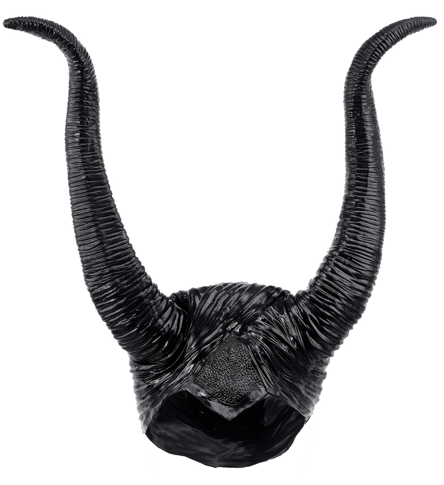 A straight-on flat lay view of a glossy black villain fancy dress headpiece, showcasing the textured widow's peak base and the two large, ribbed curved horns.