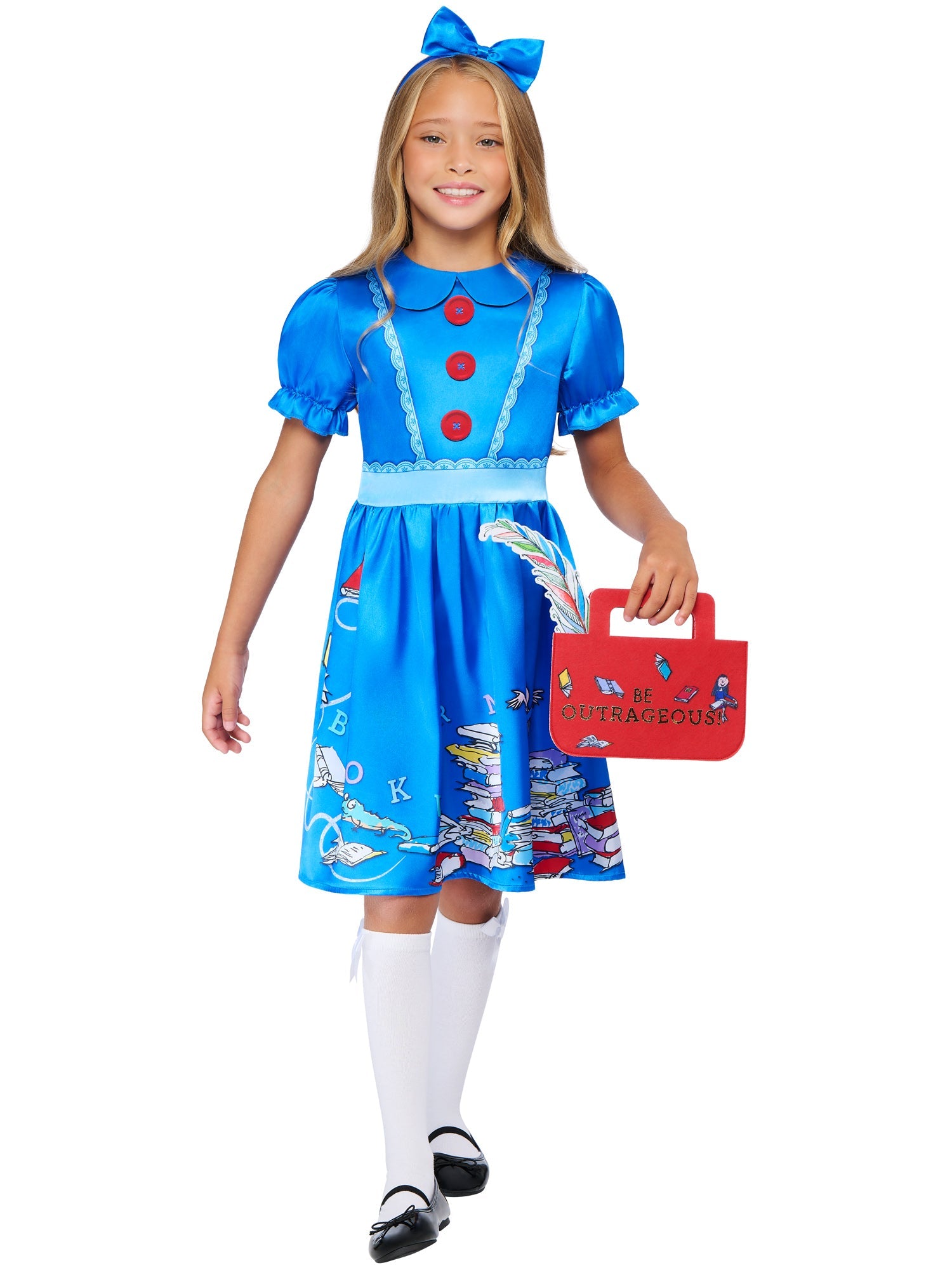 Child wearing a Roald Dahl Matilda blue dress with red buttons and a matching bag on a white background