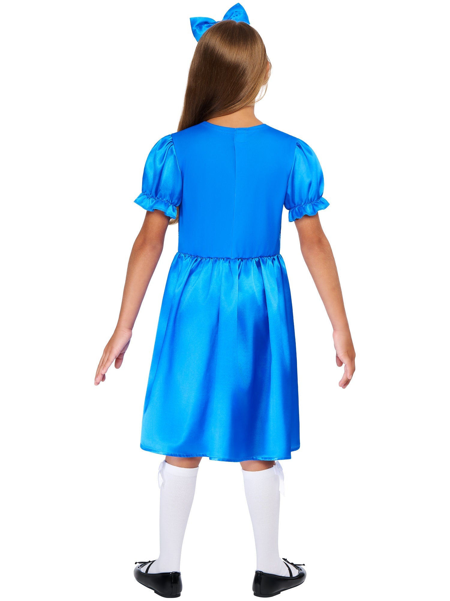 The back of the girls' Matilda costume showing the blue satin fabric and puff sleeve design.