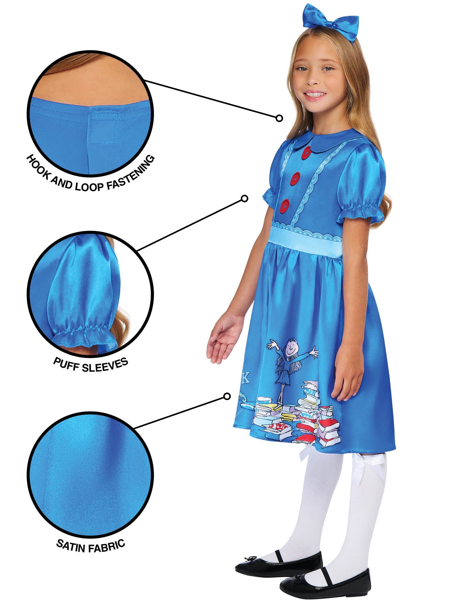 Matilda dress design highlights showing the hook and loop fastening, puff sleeves, and satin fabric.