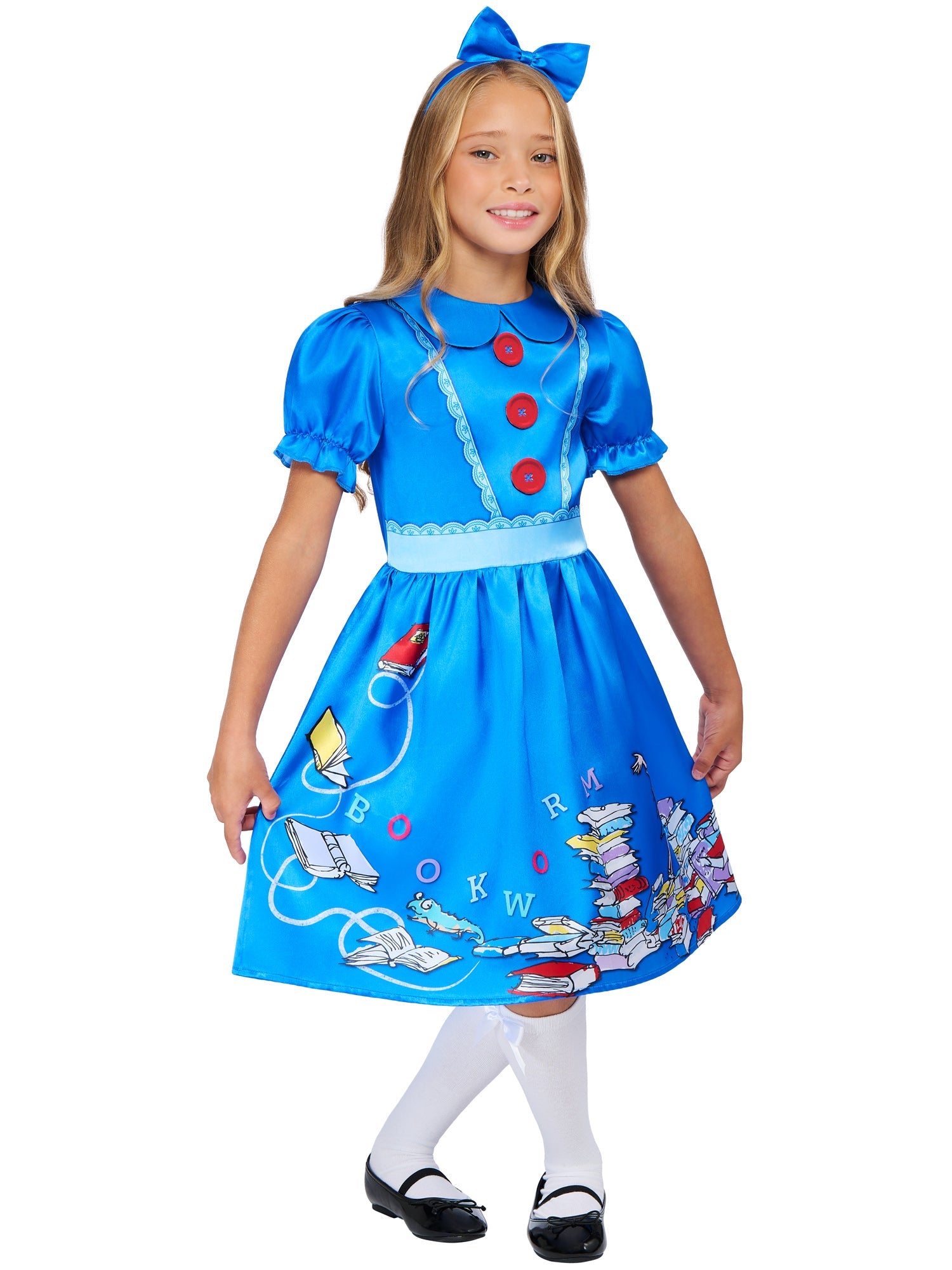 Child wearing a Matilda blue dress with books and "Bookworm" character designs on a white background