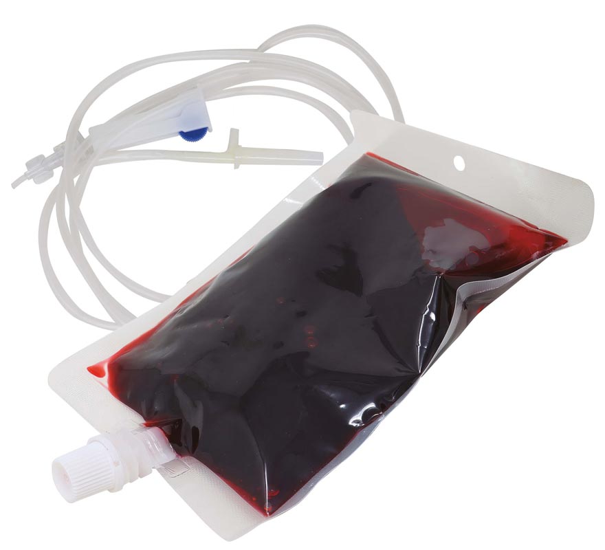 A sealed fake blood bag prop for costumes, pre-filled with a dark red liquid and featuring an attached (non-functional) IV tube.