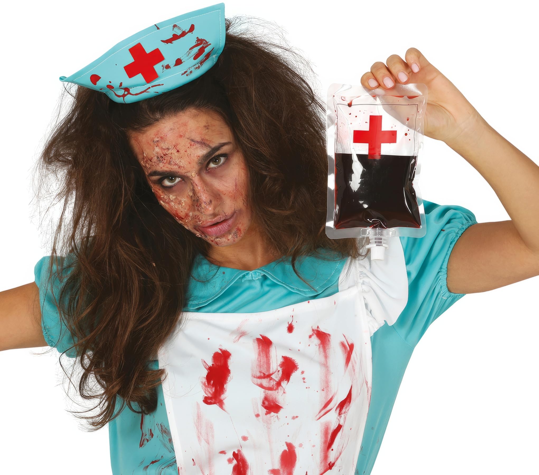 A woman in a gory zombie nurse costume holding up a sealed fake blood bag prop with a red cross on the front.