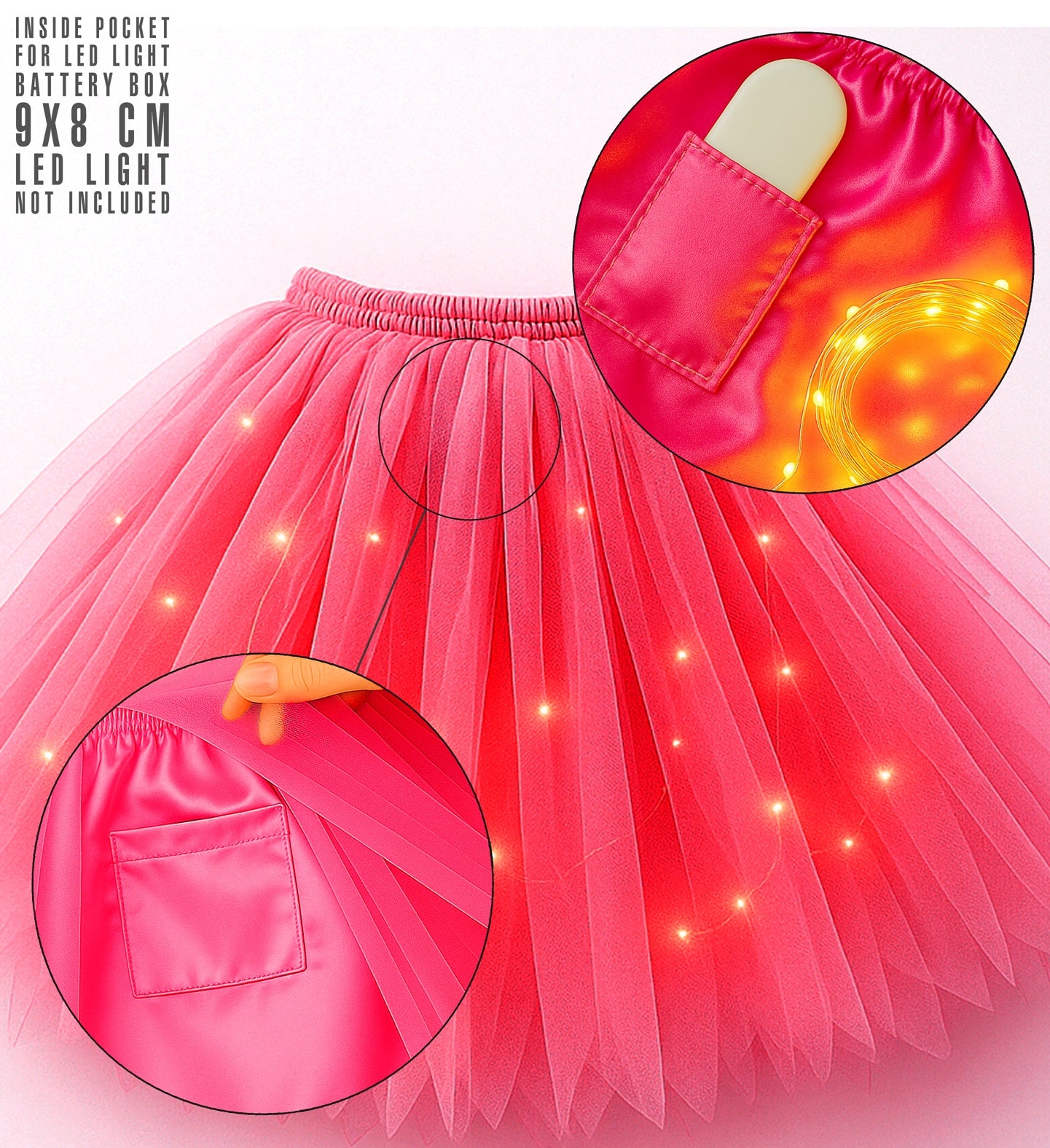 Detailed view of the neon pink tutu skirt showing the inner pocket designed for an LED light battery box and an example of fairy lights woven through the tulle.