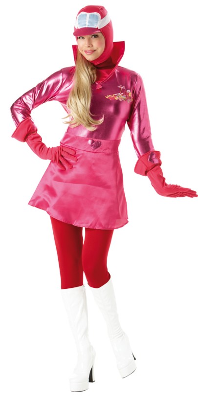 A model wearing a pink Penelope Pitstop Wacky Races costume on a white background