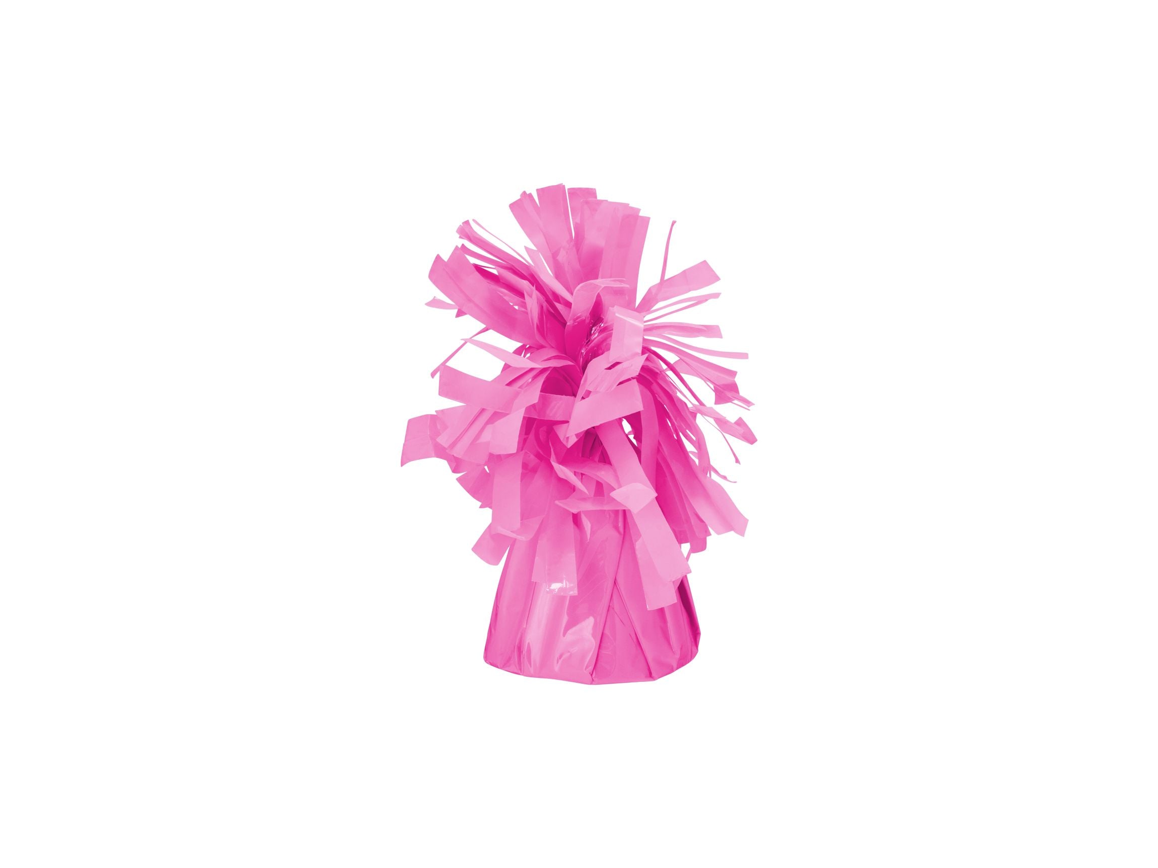 A pink balloon weight made of pleated foil with a tasseled top, isolated on a white background.