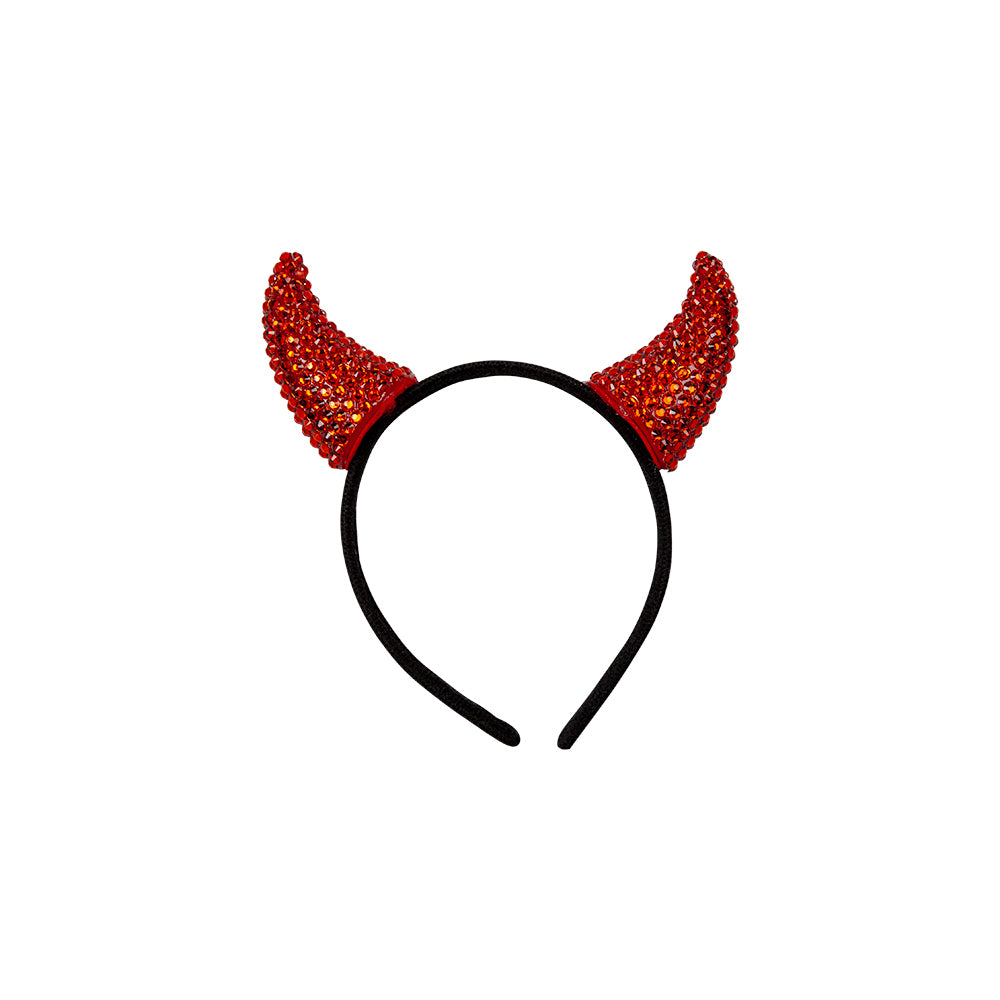 A black headband with two curved devil horns completely covered in sparkling red rhinestones, shown on a white background.