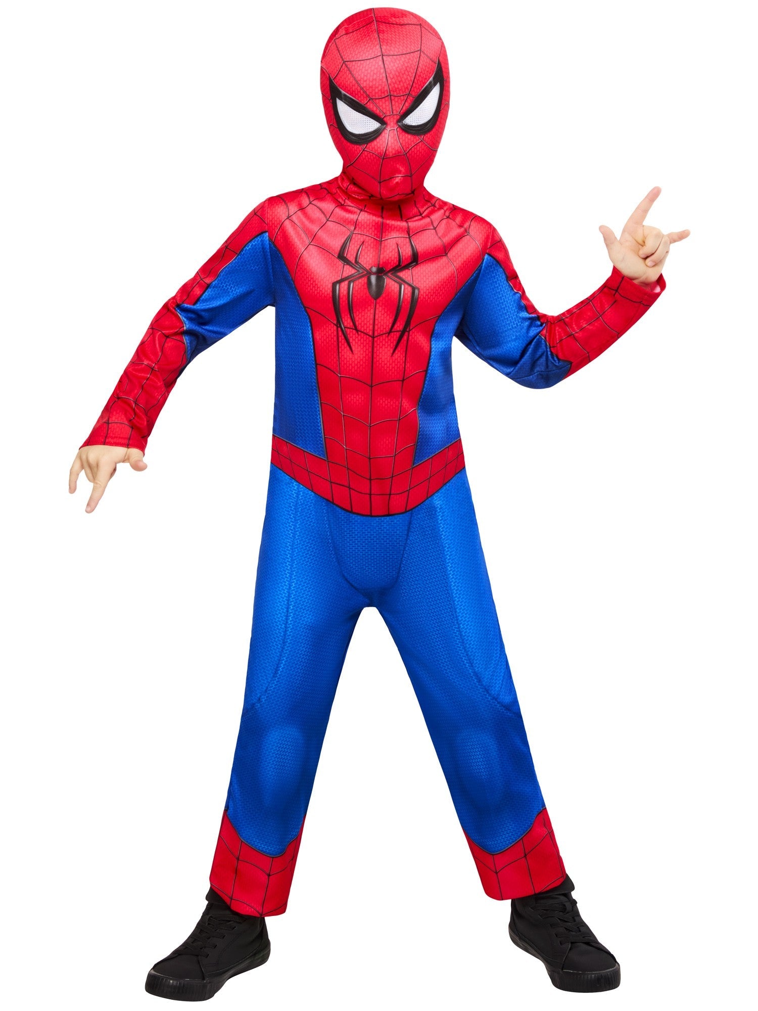Front view of a child wearing the officially licensed Marvel Spider-Man Brand New Day costume, standing in a relaxed pose.
