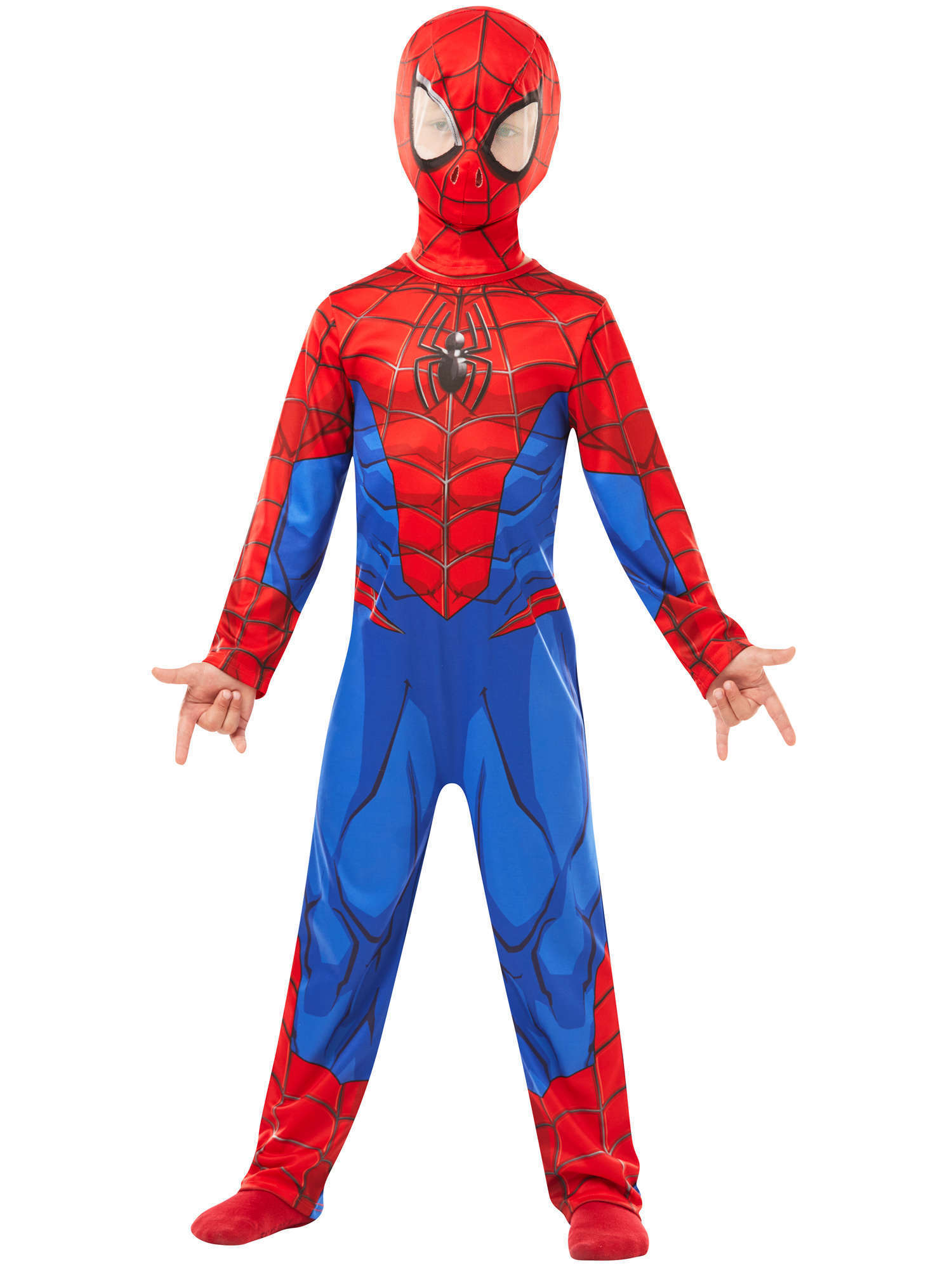 A child modeling an officially licensed Spider-Man fancy dress costume, featuring a bright red and blue printed jumpsuit and a matching fabric mask, standing with their hands in the iconic web-shooting pose.