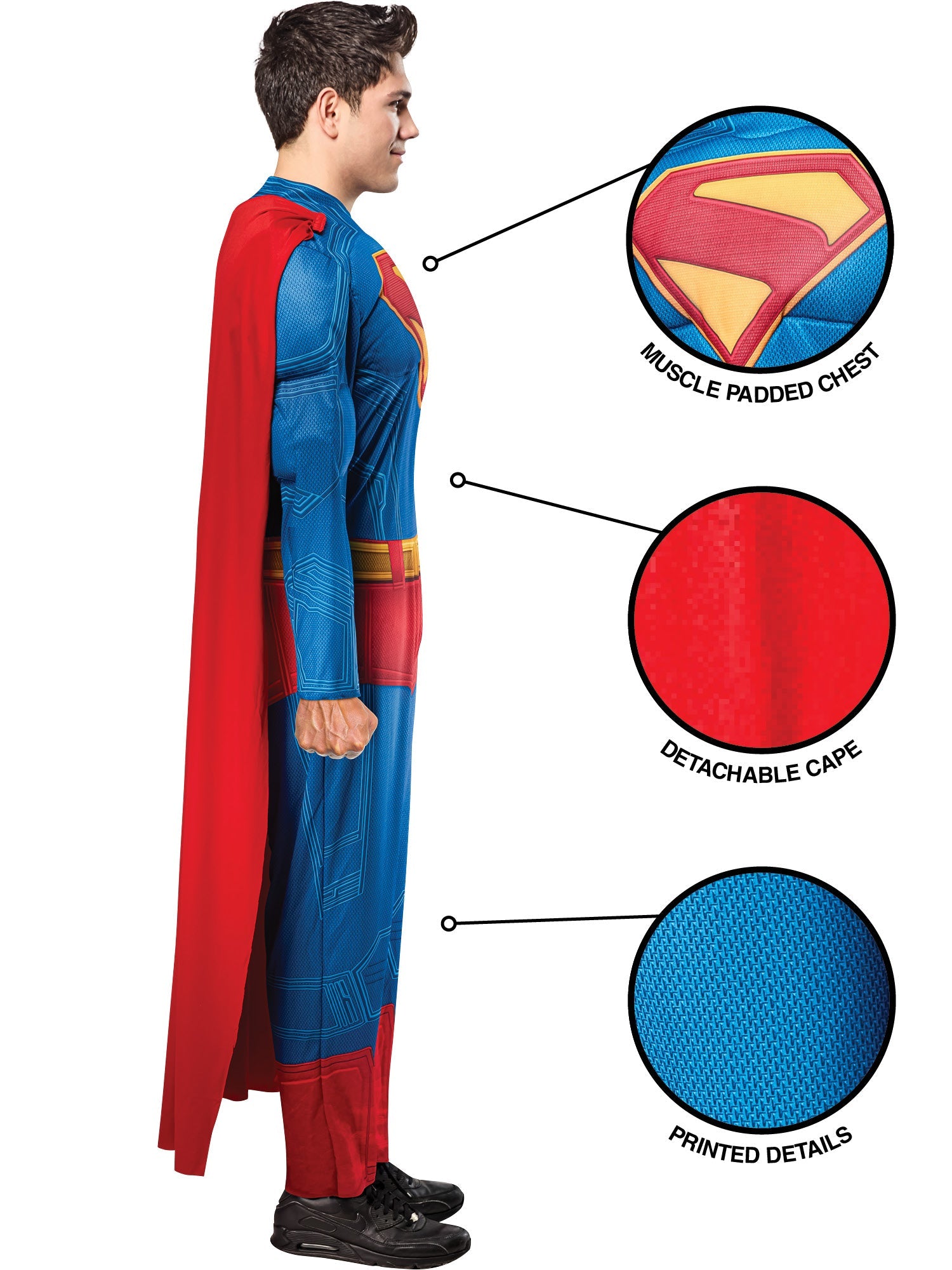 A side profile of a person in a Superman costume, with callouts pointing to the muscle-padded chest, the detachable cape, and the printed details on the suit.