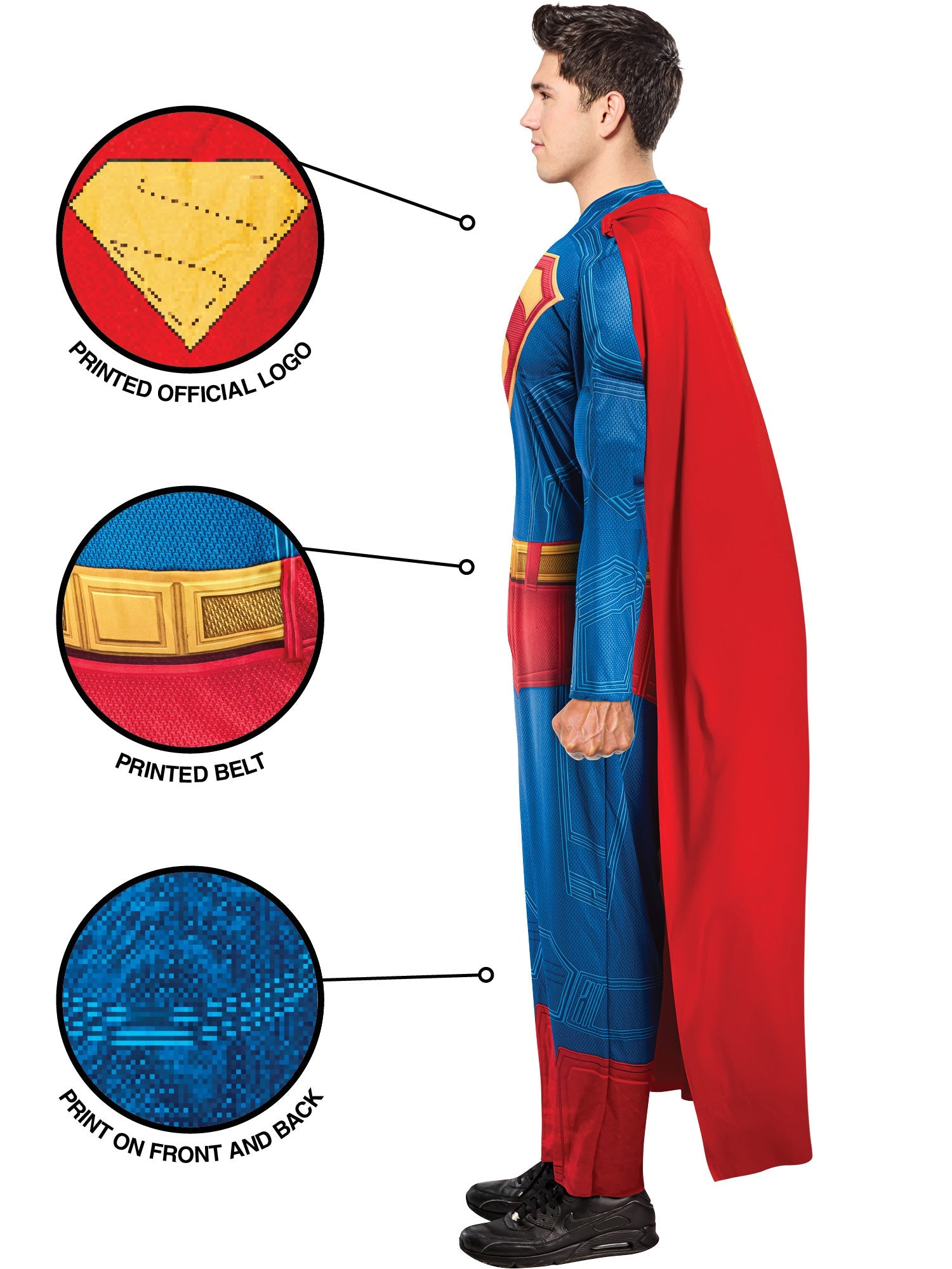 A side profile of a person in a Superman costume, with callouts pointing to the printed official logo, the printed belt, and the print on the front and back of the suit.