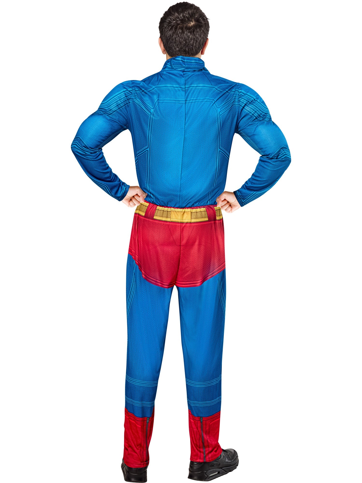 A back view of a person in a Superman costume, with hands on their hips, showing the blue jumpsuit with red "underwear" and boots. The cape is not visible.