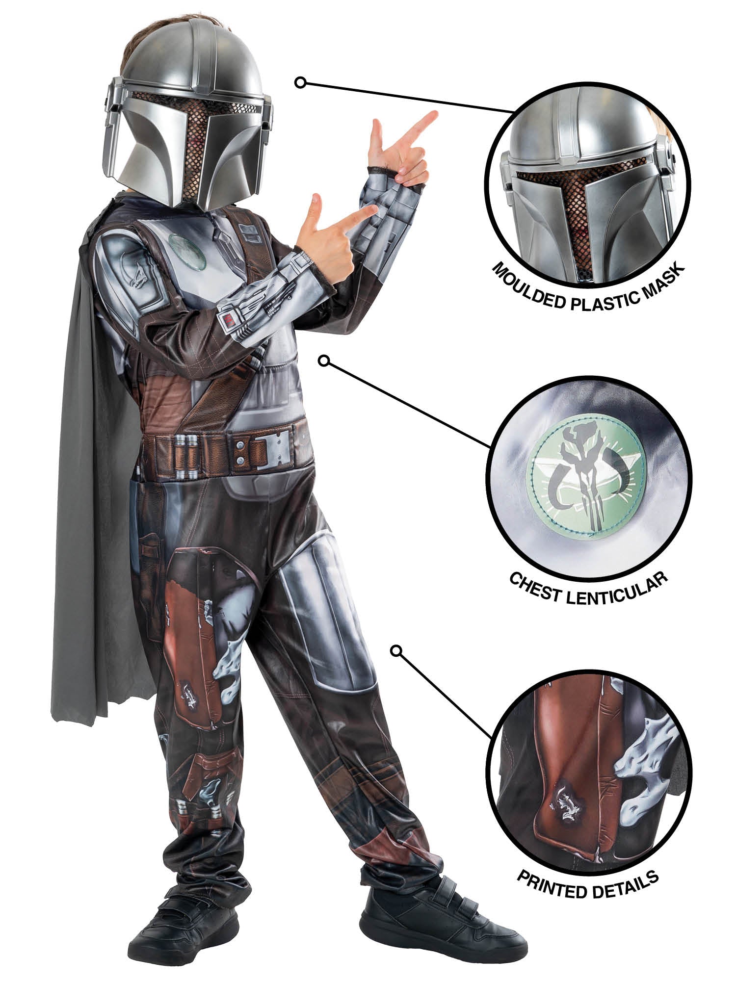 Child in a detailed Mandalorian costume with helmet, mask, and chest design features highlighted.