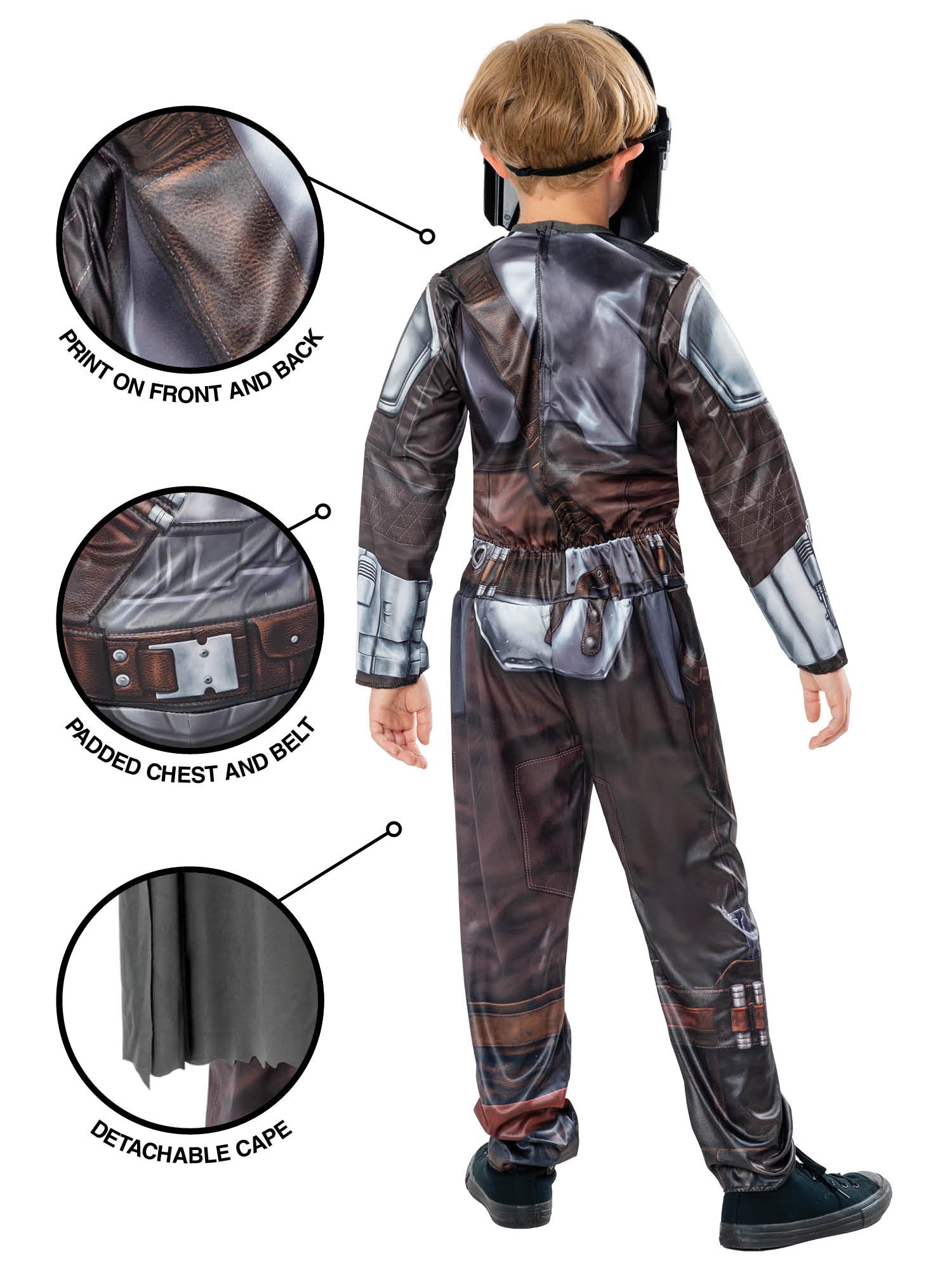 Child wearing a detailed Mandalorian costume with highlighted features on a white background