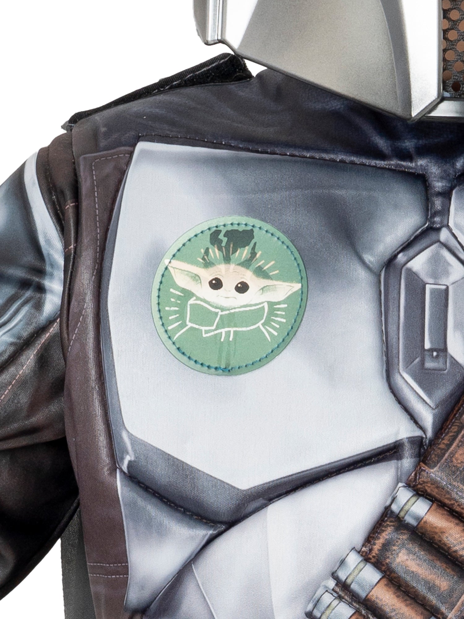 Character wearing a vest with a 'Baby Yoda' patch on a white background