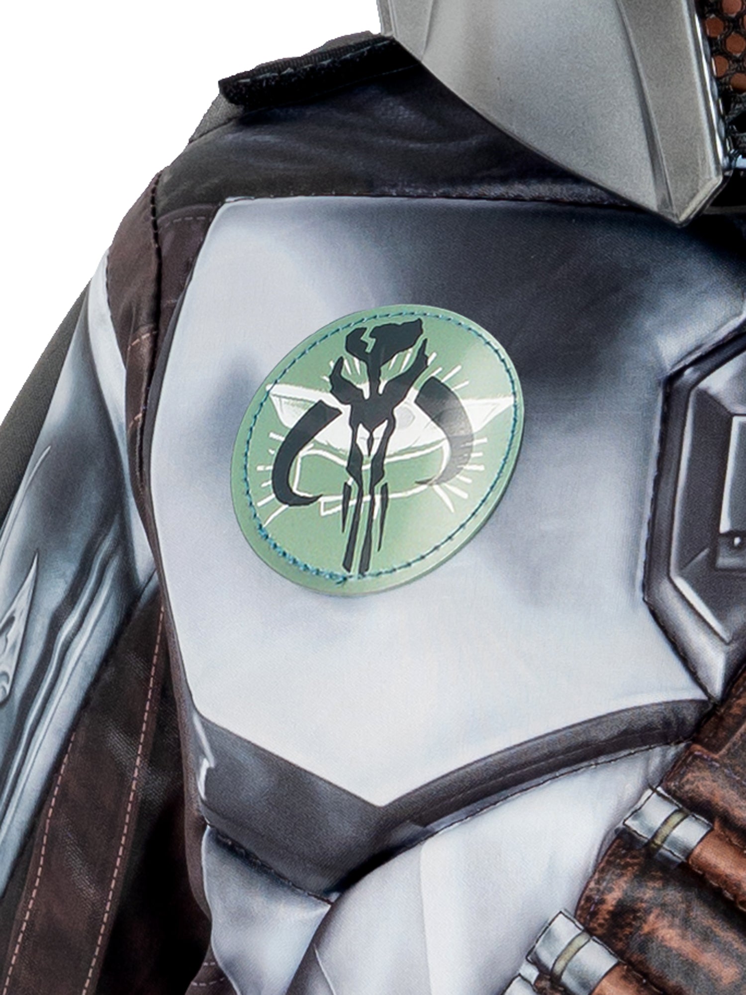 Close-up of a character's armor with a emblem on a white background