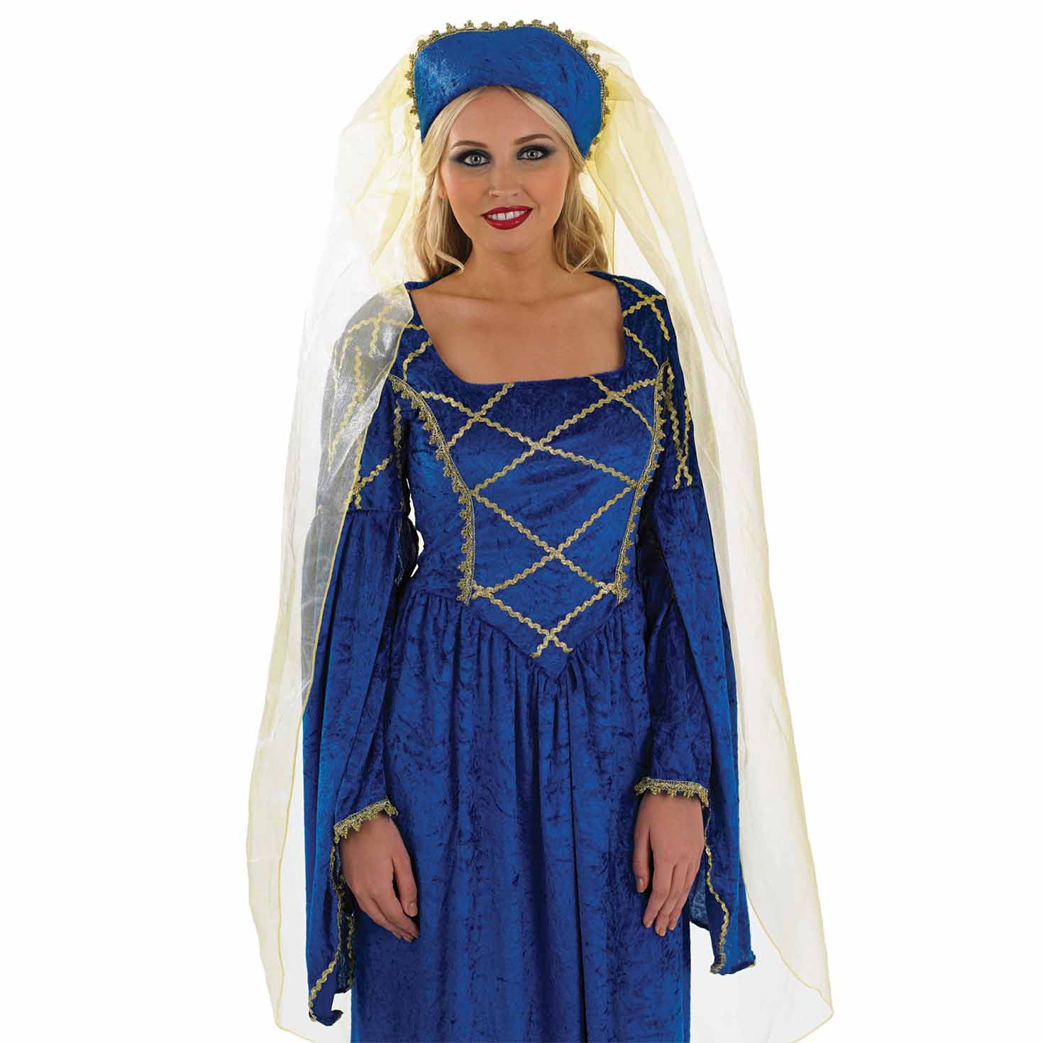 A model posing in a rich blue Tudor Queen costume, highlighting the gold criss-cross detailing on the chest, the long bell sleeves, and the attached sheer veil draping over her shoulders.
