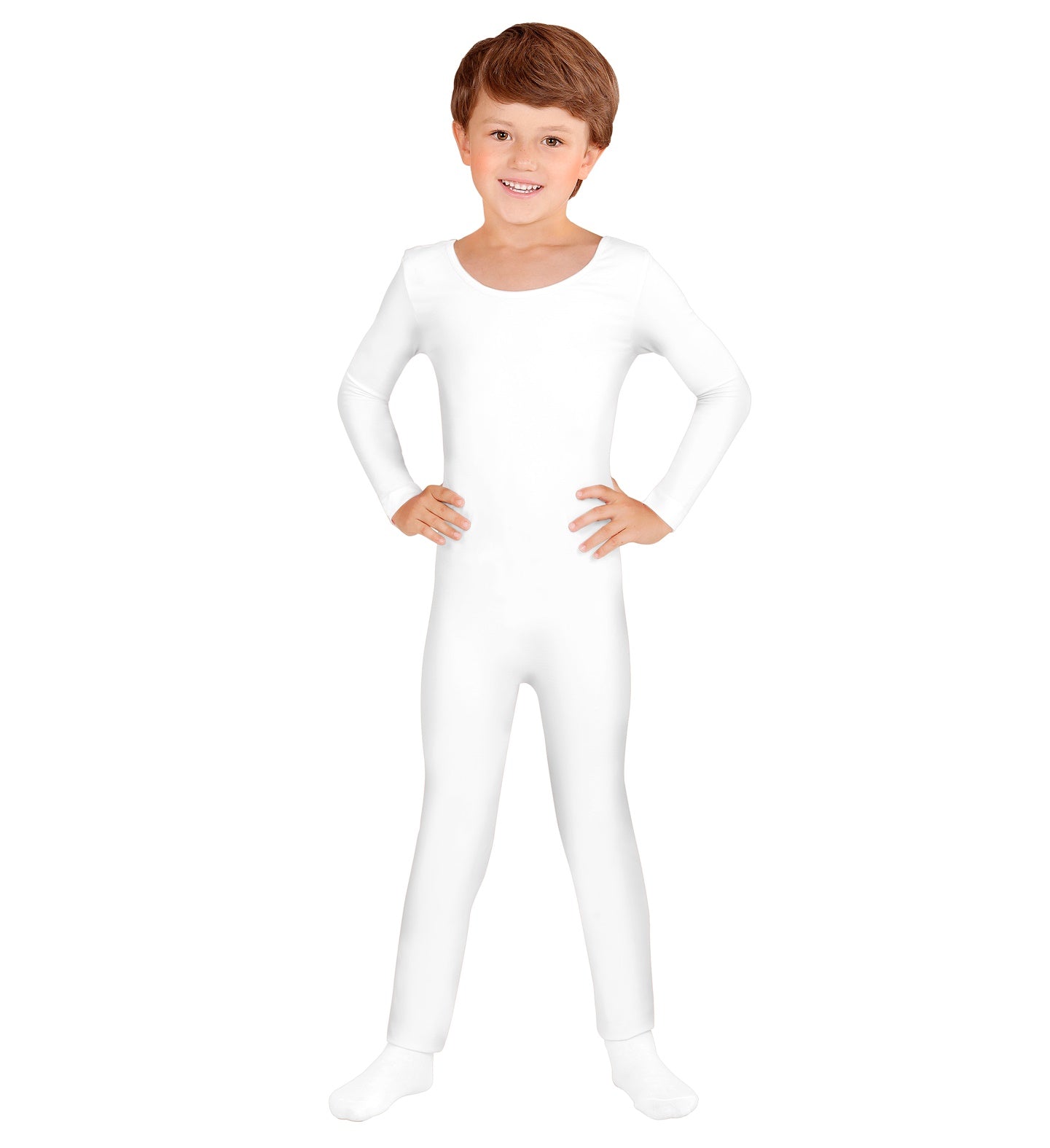 A young boy smiling with hands on his hips, wearing a sleek, long-sleeved full-body children's white bodysuit costume base.