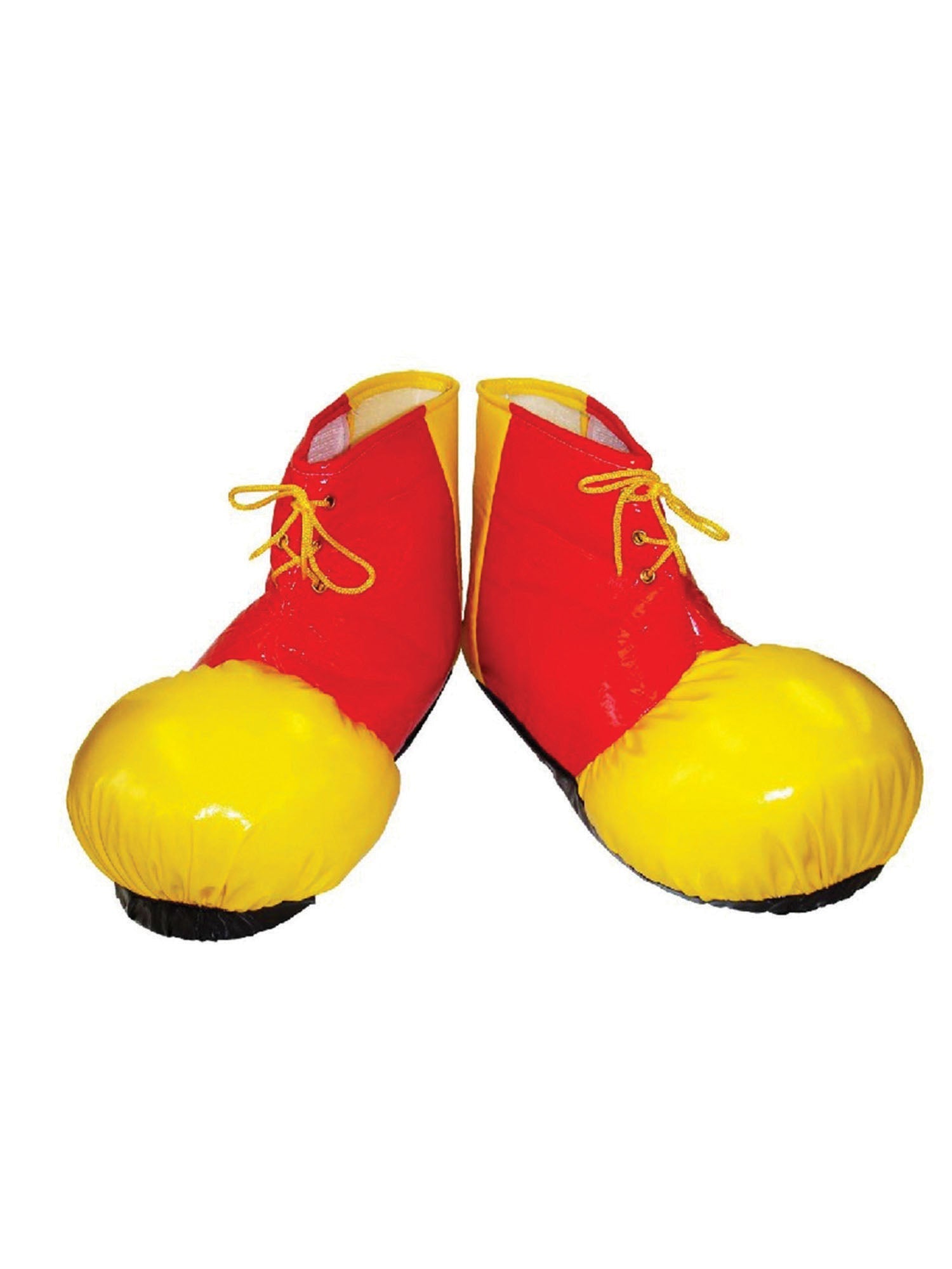 A pair of oversized clown shoe covers, one red with a yellow toe and the other yellow with a red toe, featuring laces and a chunky shape, isolated on a white background.