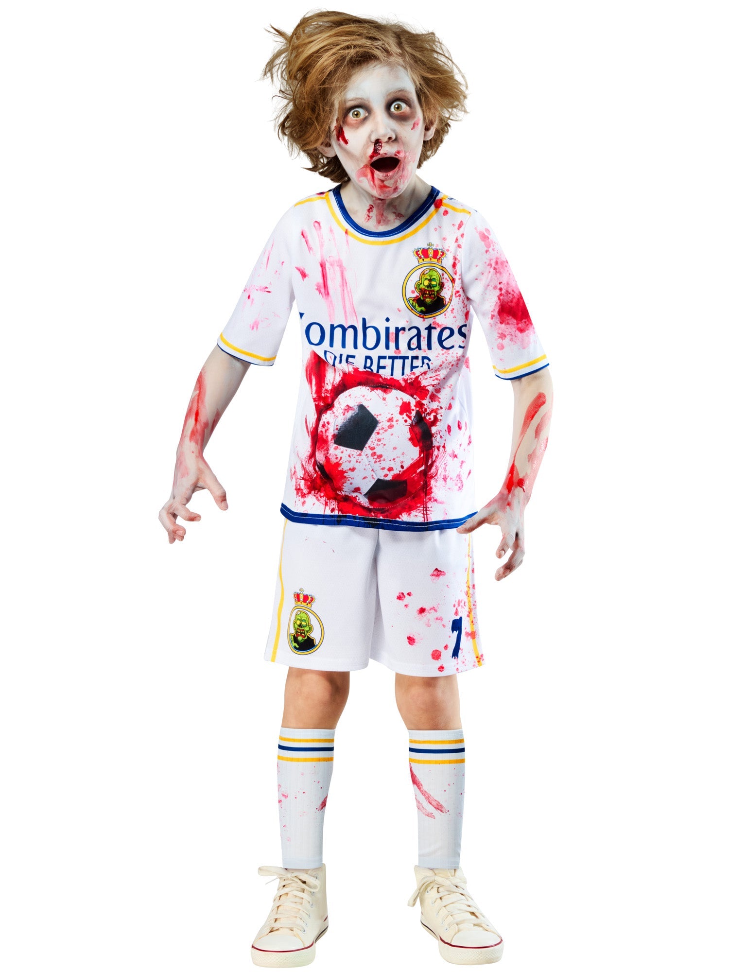 A child in a zombie football costume with a distressed look and zombie-style makeup. The costume features a white top with red splatters, a padded football sticking out of the belly, and the name "Zombirates" on the front.