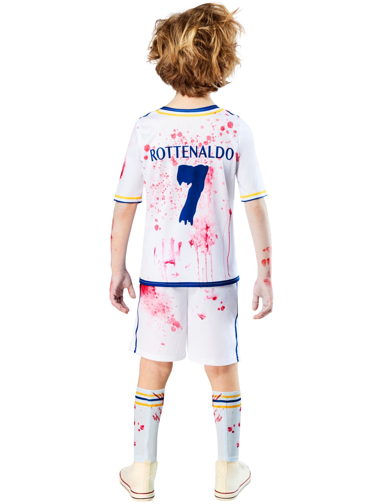 A back view of a child in a zombie football costume, showing the name "ROTTENALDO" and the number "7" on the back of the top, along with red splatter marks on the top and shorts.