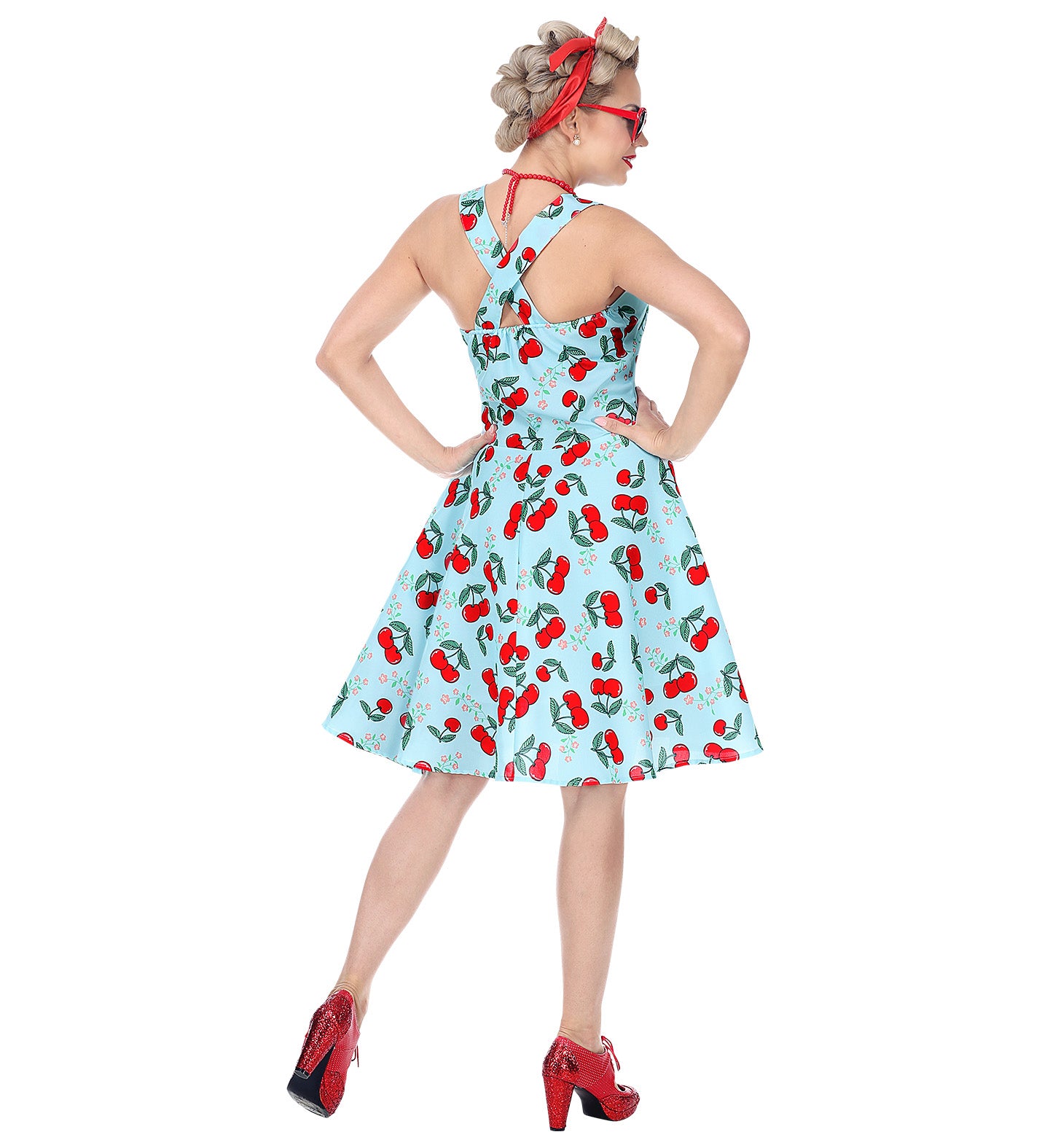 1950's Rockabilly Cherry Dress Blue rear