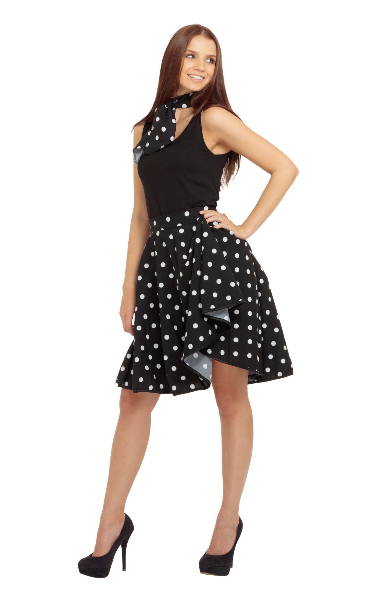 Ladies 1950's Rock n Roll Skirt Black with White Polka Dot