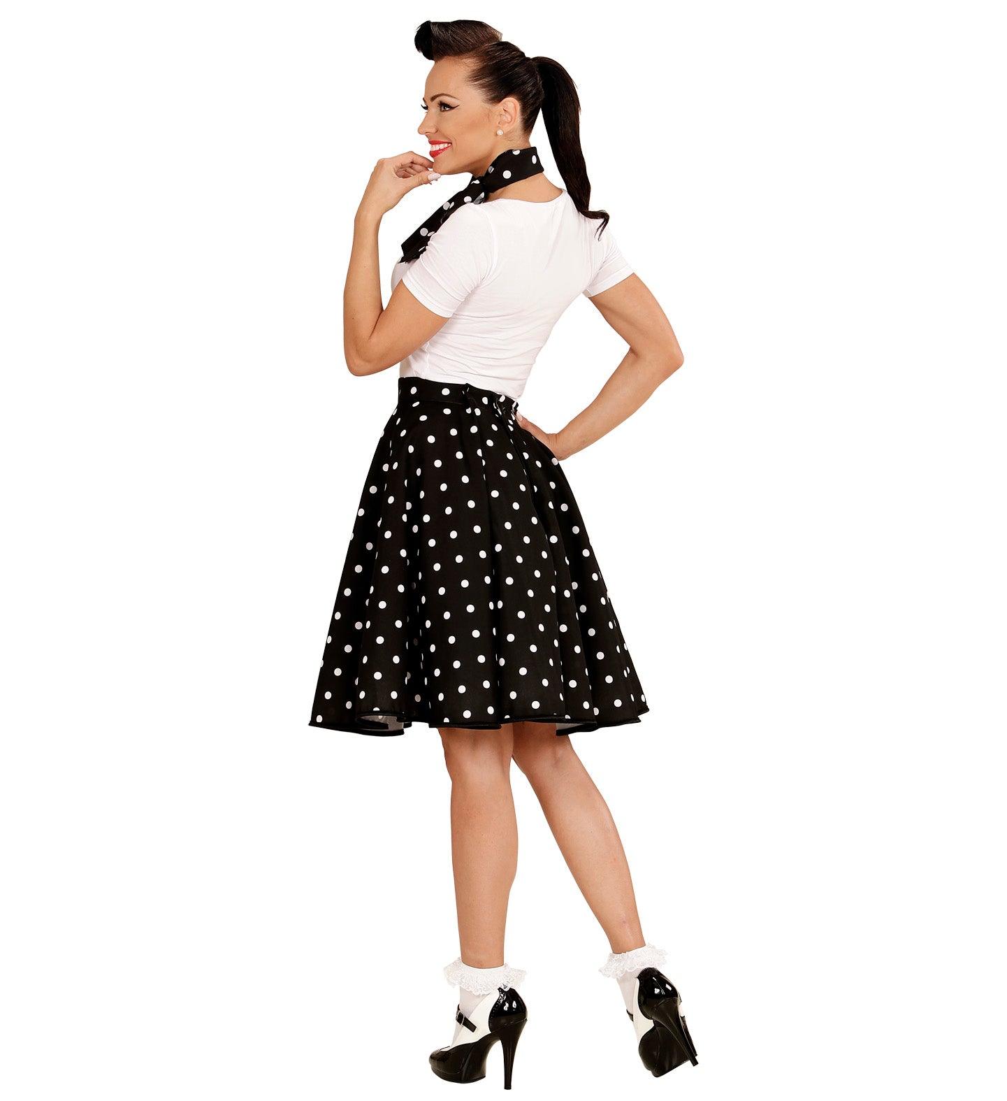 50's Rockabilly Black Polka Dot Skirt and Neckscarf rear