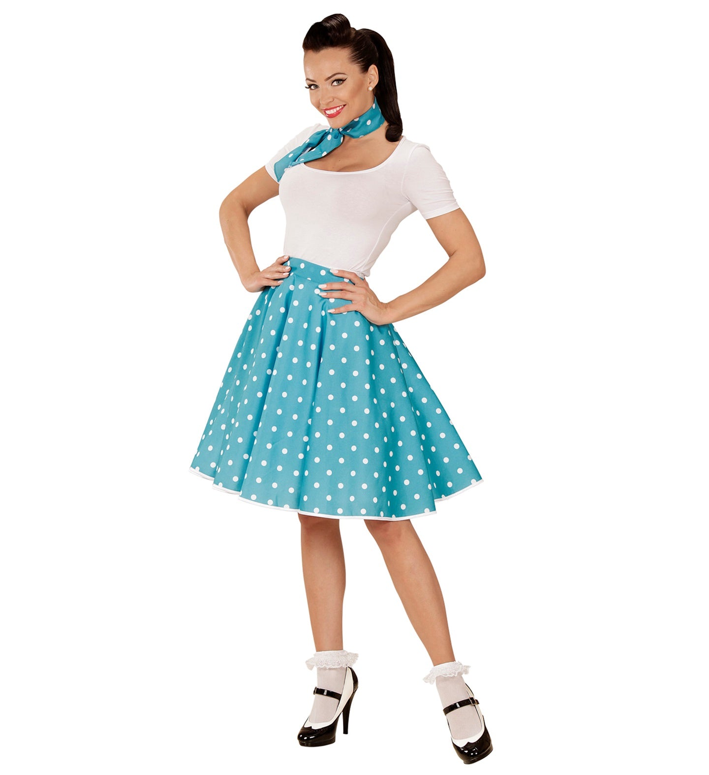 50's Rockabilly Blue Polka Dot Skirt and Neckscarf