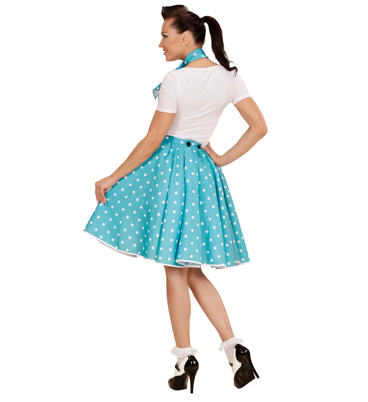 50's Rockabilly Blue Polka Dot Skirt costume and Neck scarf rear