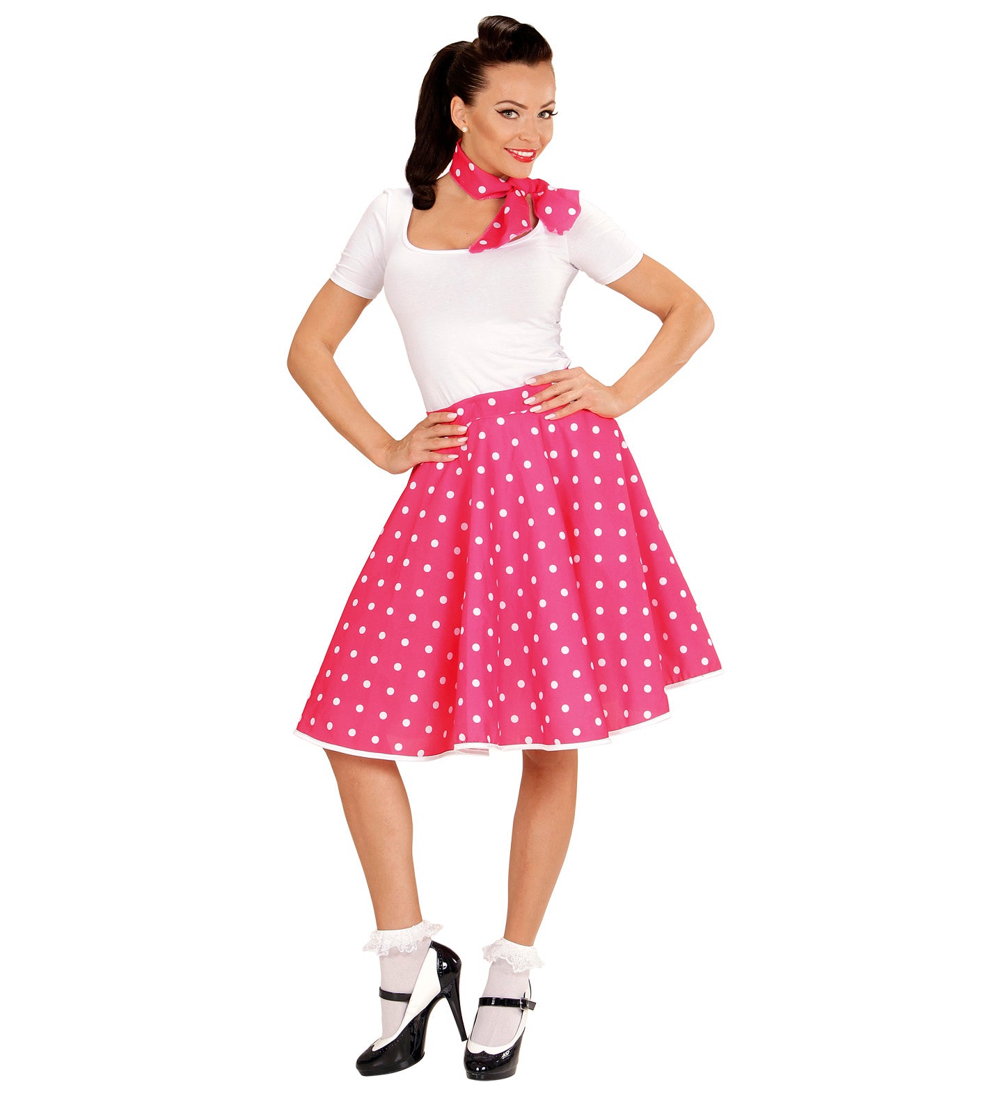 50's Rockabilly Pink Polka Dot Skirt costume and Neckscarf