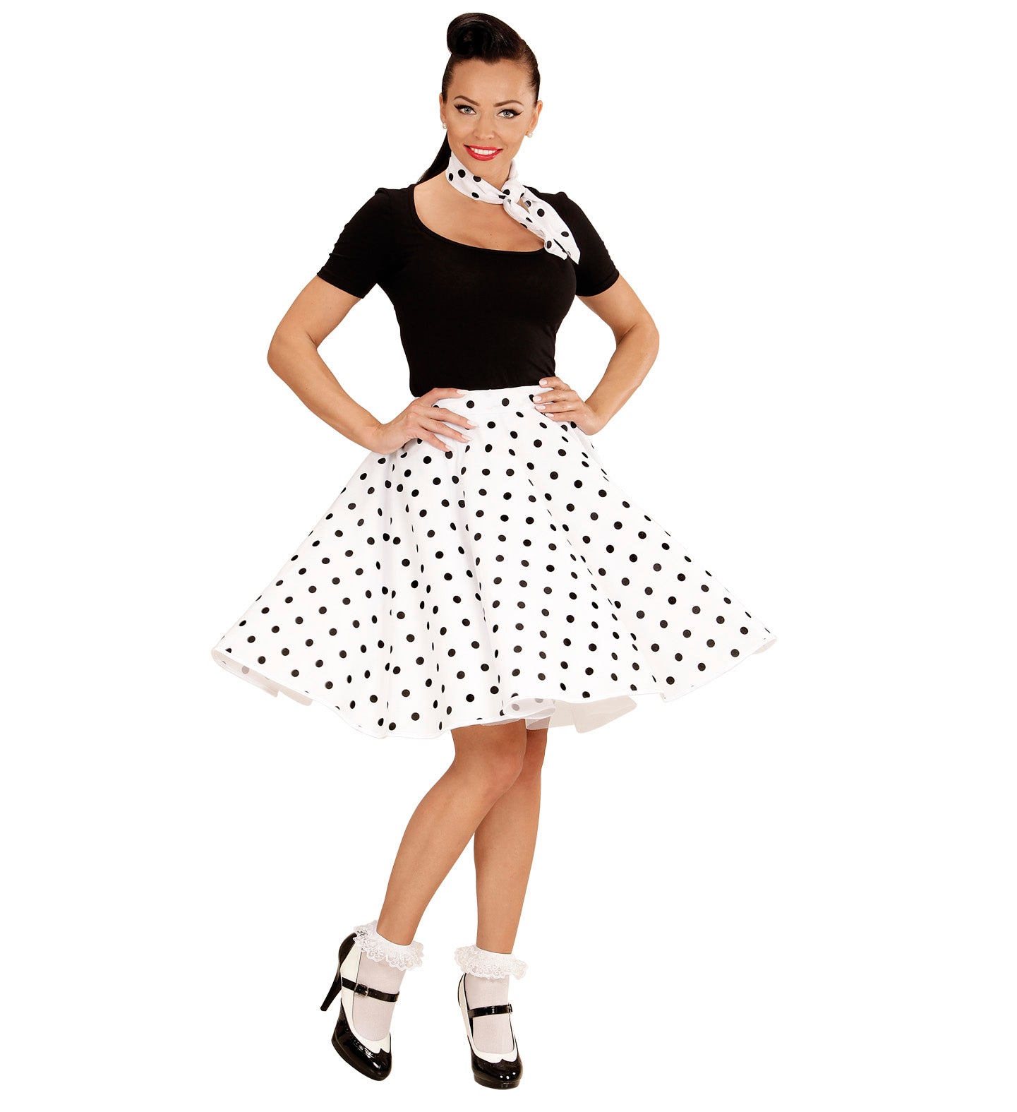 50's Rockabilly White Polka Dot Skirt and Neck scarf costume 