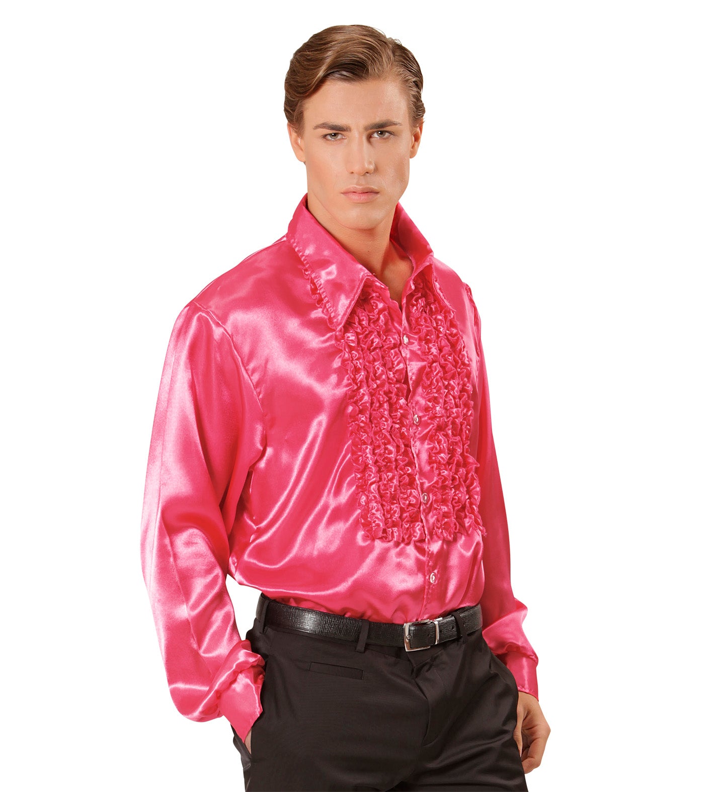 70's Disco Ruffle Satin Shirt Pink