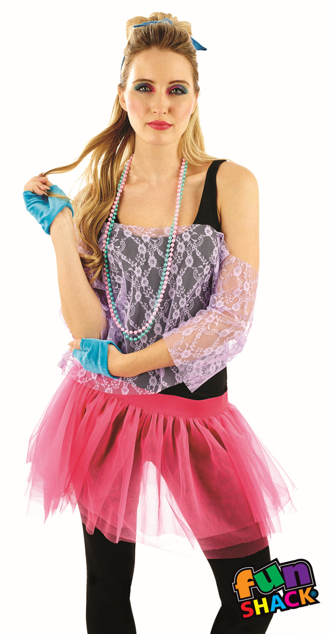 Our 80's Lace TuTu Kit includes this off the shoulder purple Lace Top and  Multi layered pink TuTu with pink. 