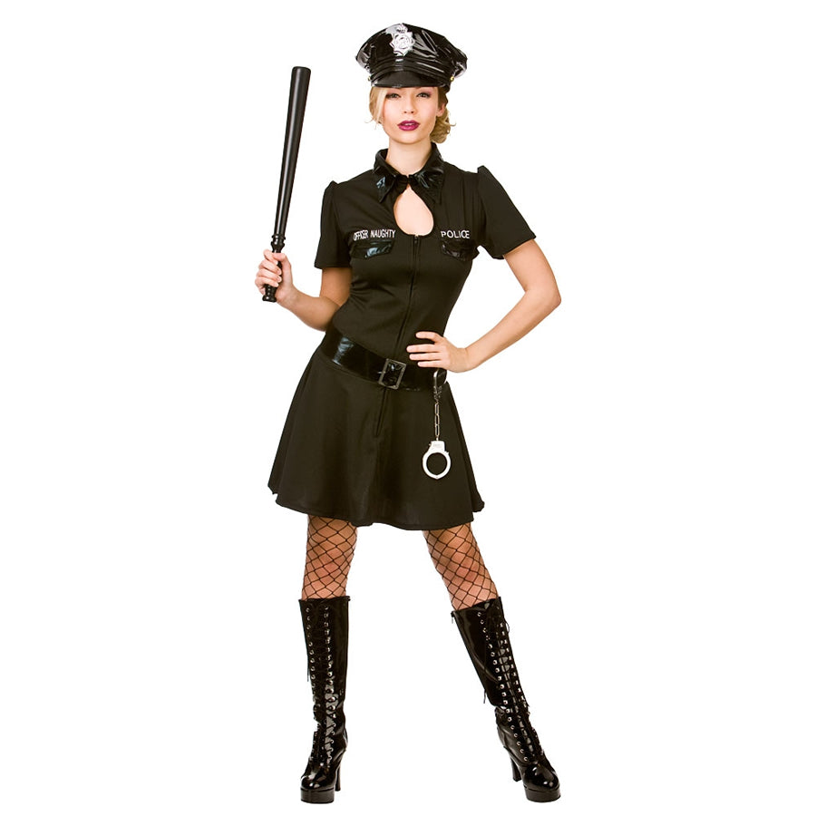 This ladies Naughty Officer police costume includes a black dress with zip up front and PVC detailing, a PVC hat and belt. 